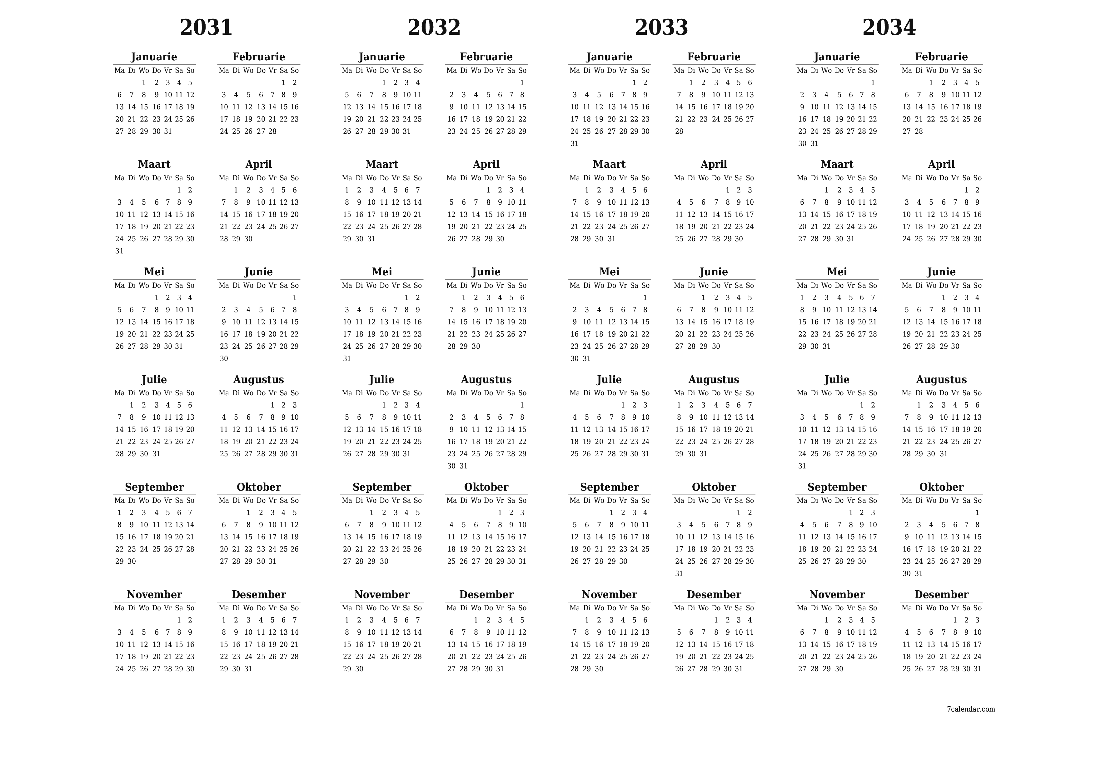 Leë jaarlikse drukbare kalender en beplanner vir die jaar 2031, 2032, 2033, 2034 met notas, stoor en druk na PDF PNG Afrikaans