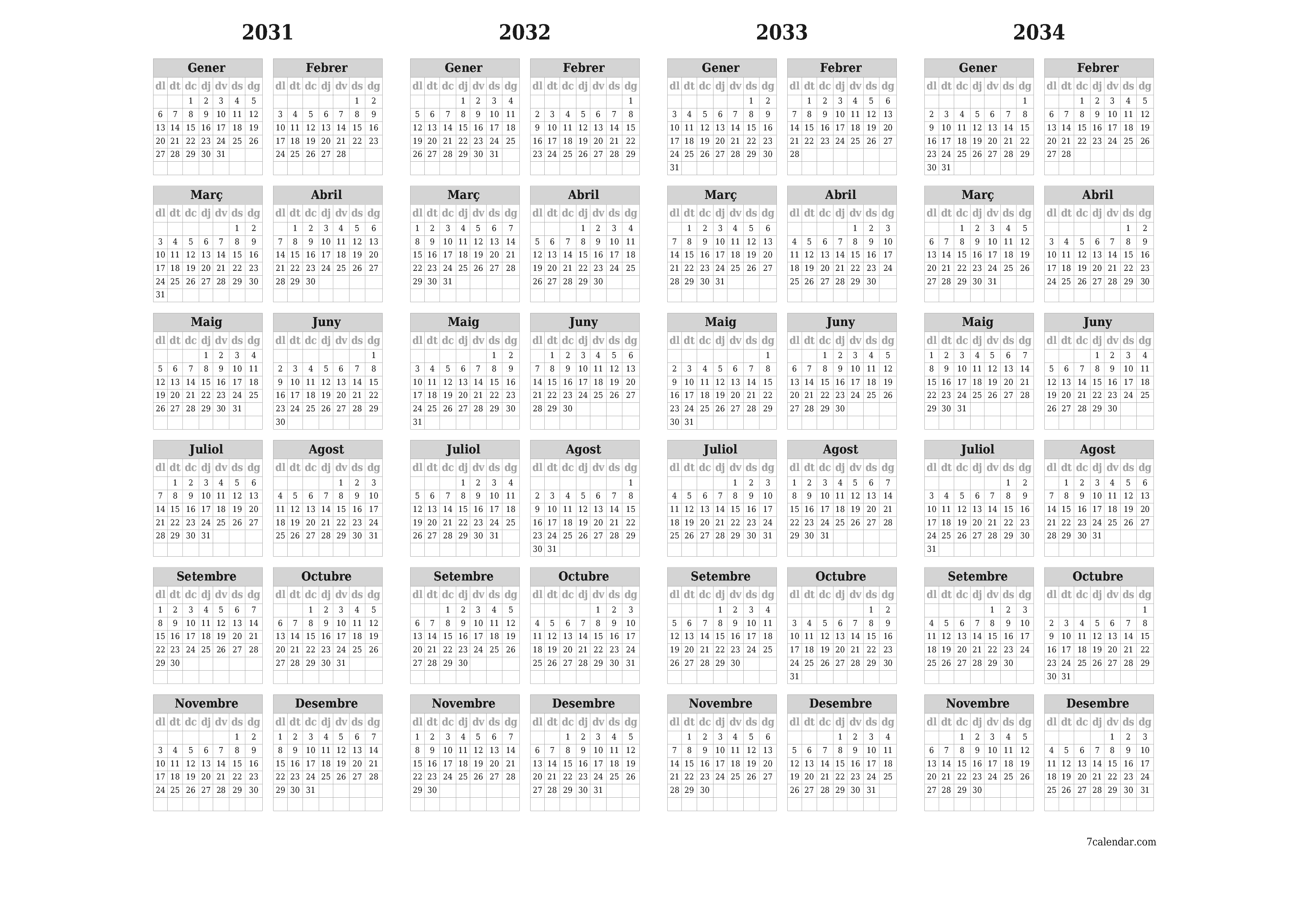 Planificador anual buit 2031, 2032, 2033, 2034 amb notes desades i imprimides en PDF PNG Catalan