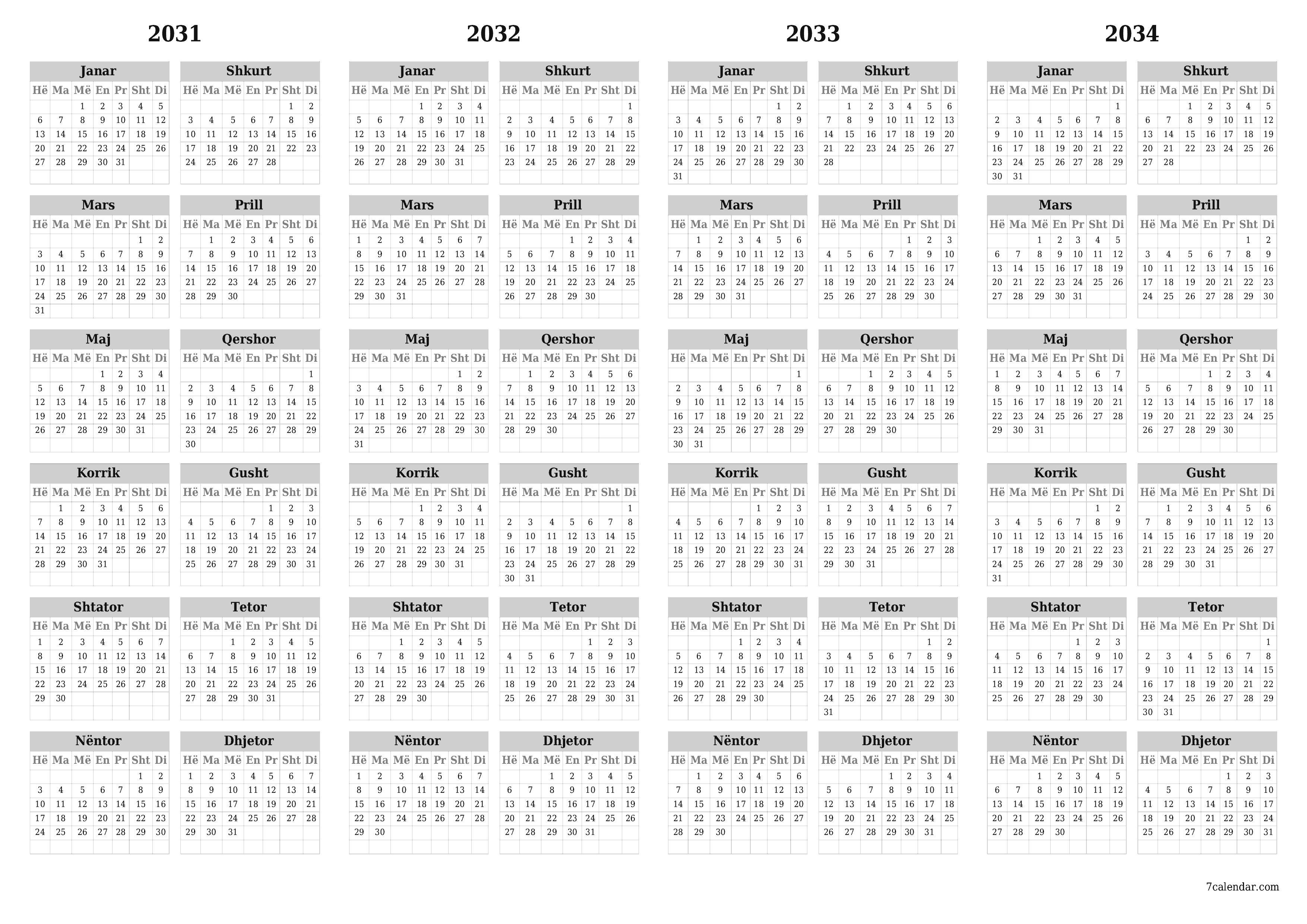 Planifikuesi bosh i kalendarit vjetor për vitin 2031, 2032, 2033, 2034 me shënime, ruani dhe printoni në PDF PNG Albanian