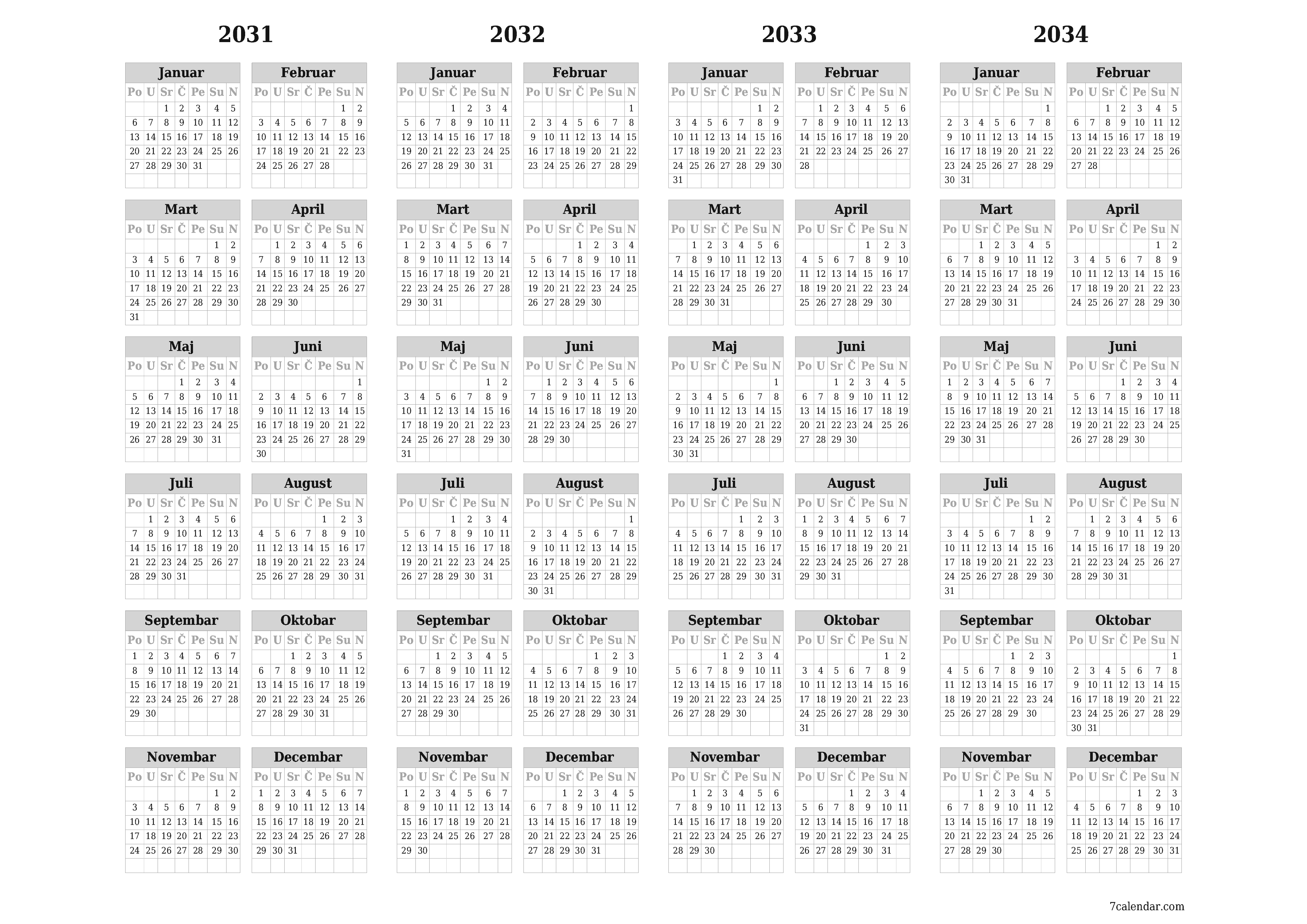 Ispraznite godišnji kalendar planera za godinu 2031, 2032, 2033, 2034 s bilješkama, spremite i ispišite u PDF PNG Bosnian