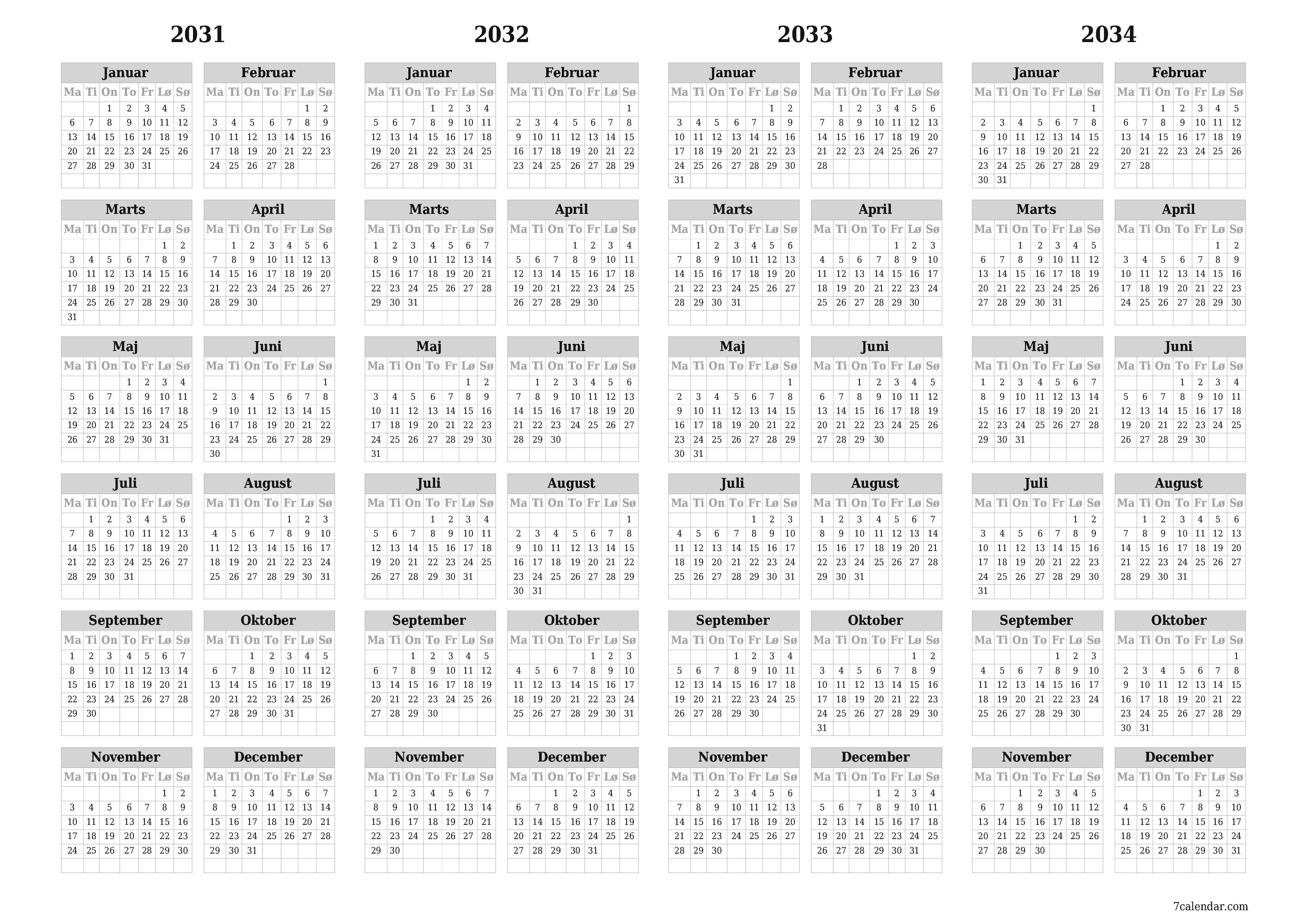 Tom årlig planlægningskalender for året 2031, 2032, 2033, 2034 med noter, gem og udskriv til PDF PNG Danish