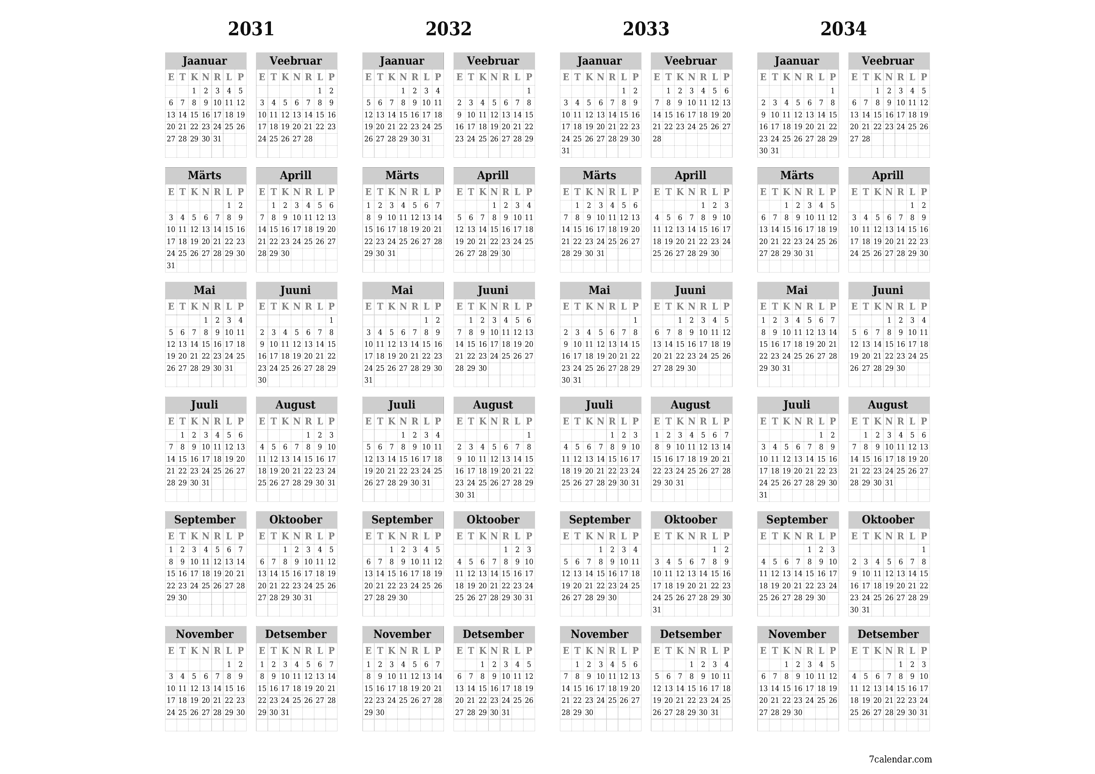 Tühi aasta planeerija kalender aastaks 2031, 2032, 2033, 2034 koos märkmetega, salvestage ja printige PDF-i PNG Estonian