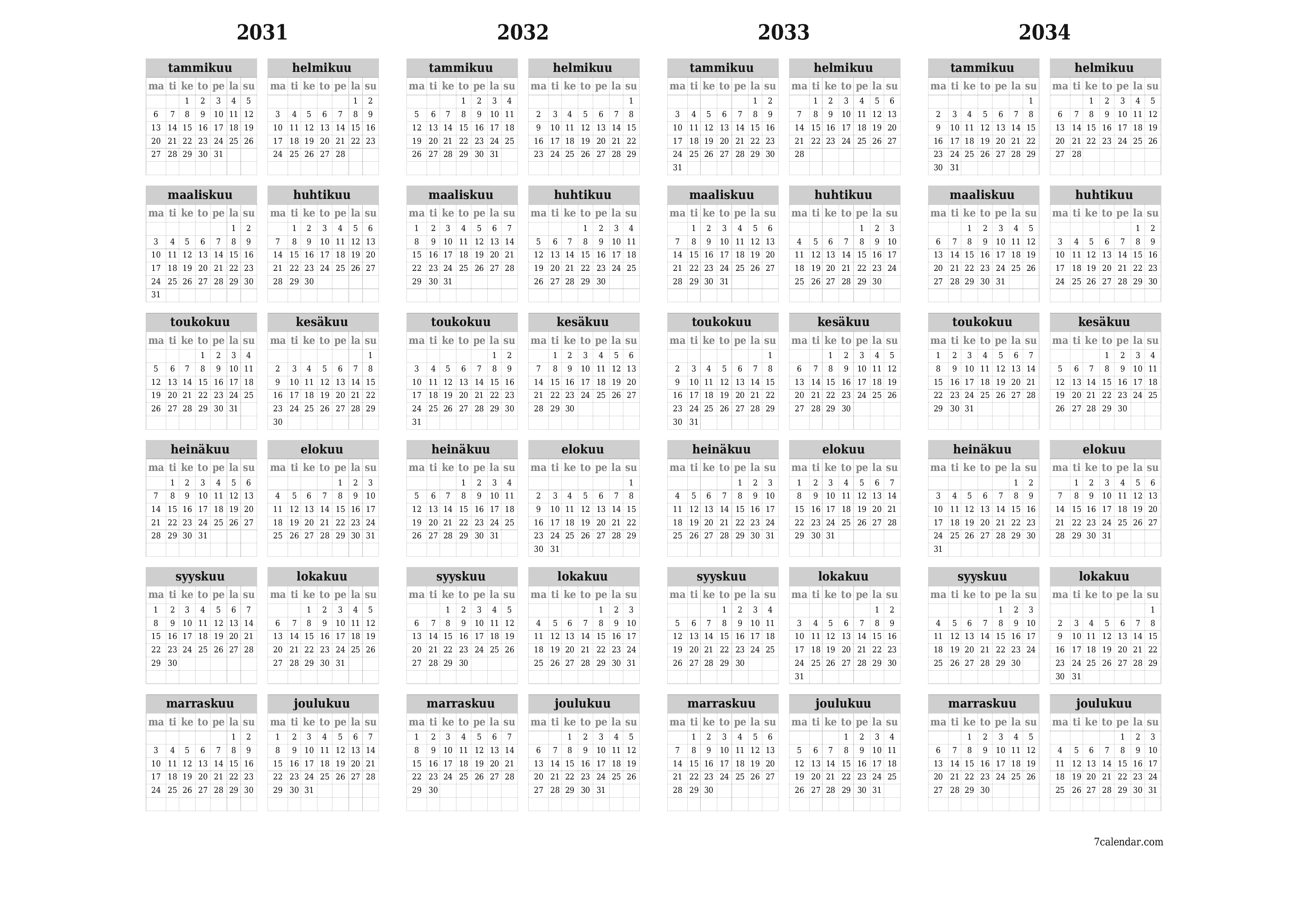 Tyhjä vuosisuunnittelukalenteri vuodelle 2031, 2032, 2033, 2034 muistiinpanoilla, tallenna ja tulosta PDF-muotoon PNG Finnish