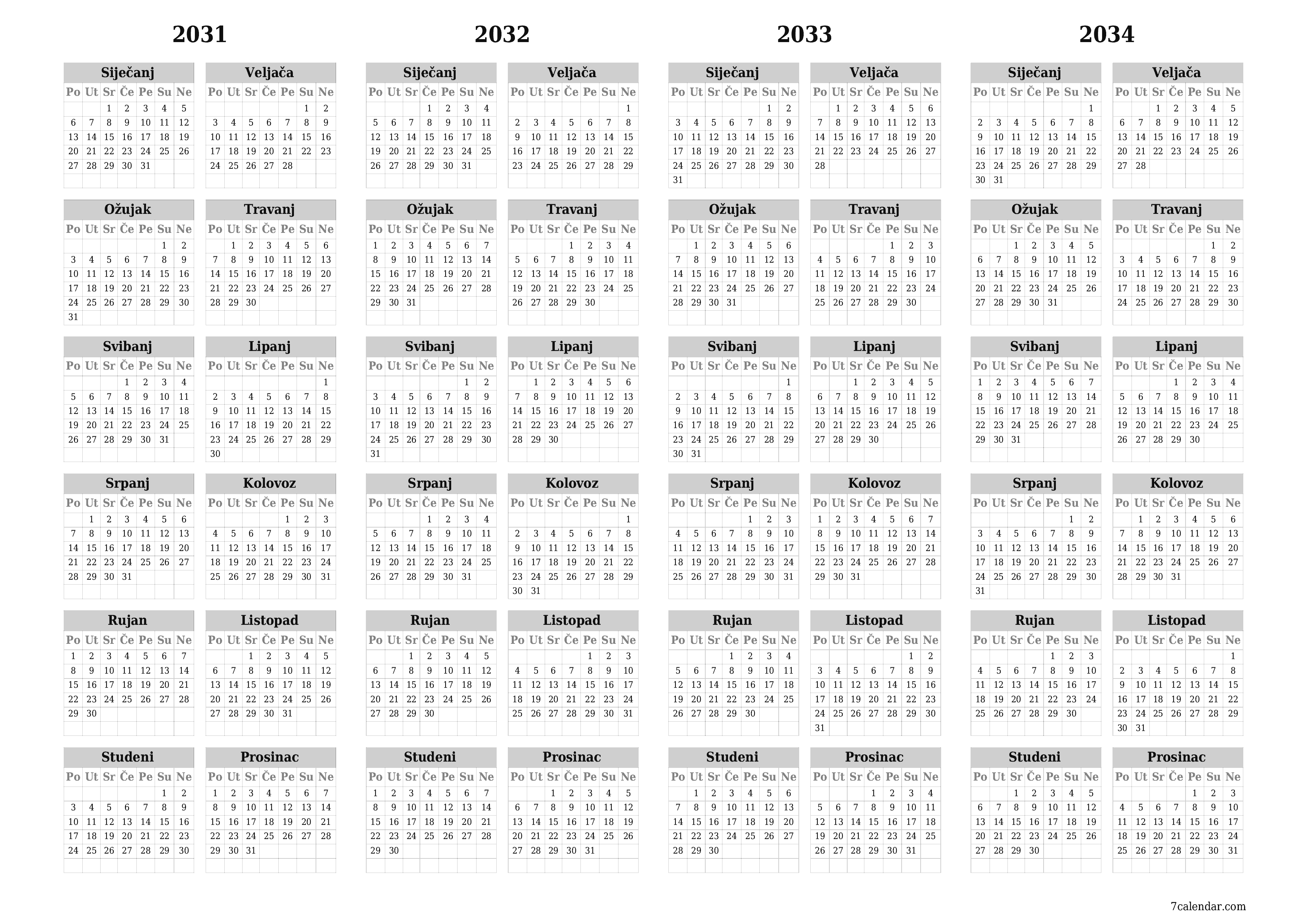  za ispis zidni predložak a besplatni horizontalno Godišnje kalendar Svibanj (Svi) 2031