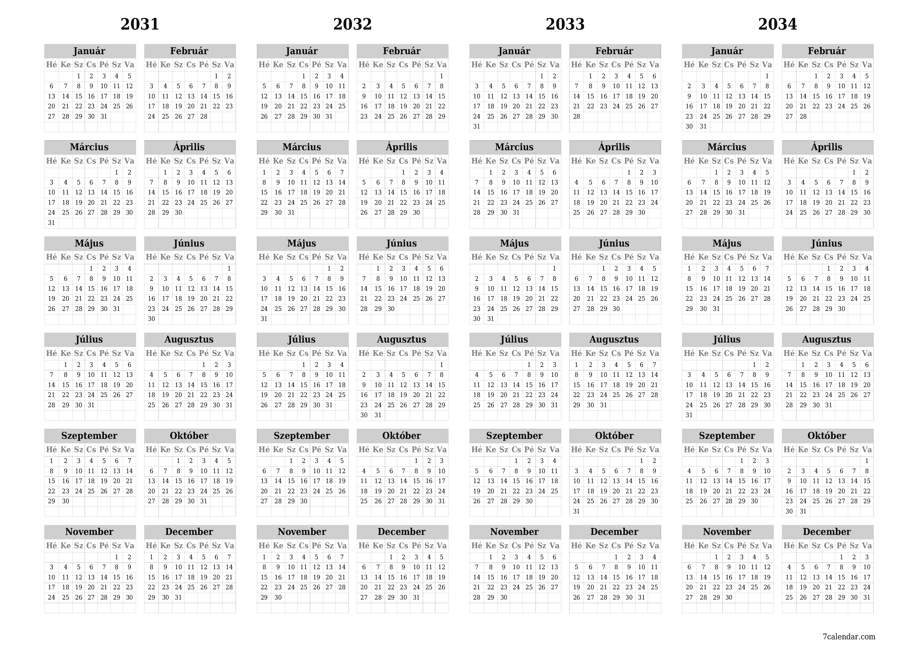 Üres éves tervezői naptár az évre 2031, 2032, 2033, 2034 jegyzetekkel, mentés és nyomtatás PDF-be PNG Hungarian