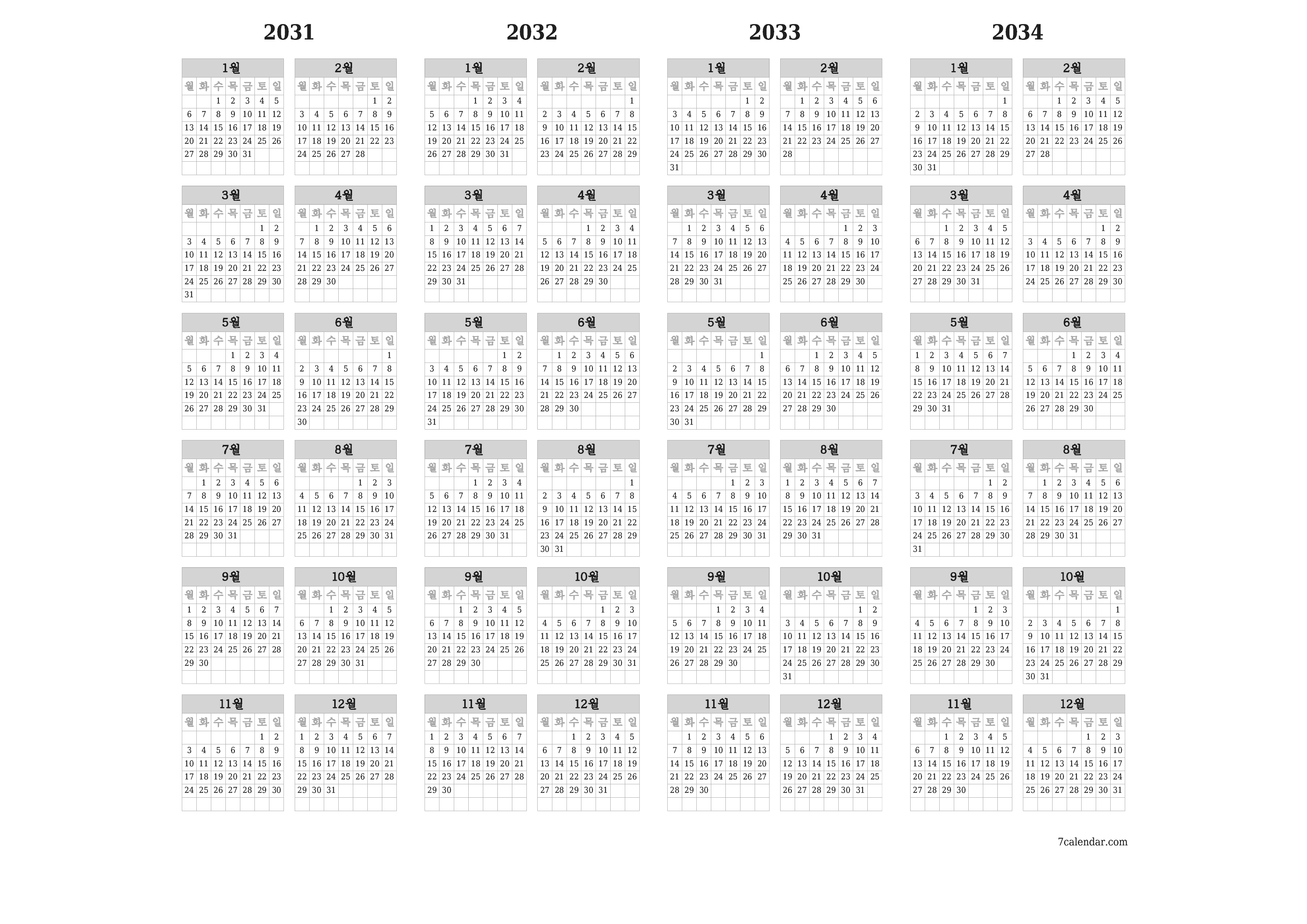 메모가있는 2031, 2032, 2033, 2034 년의 연간 플래너 캘린더 비우기, 저장하고 PDF PNG Korean-7calendar.com으로 인쇄