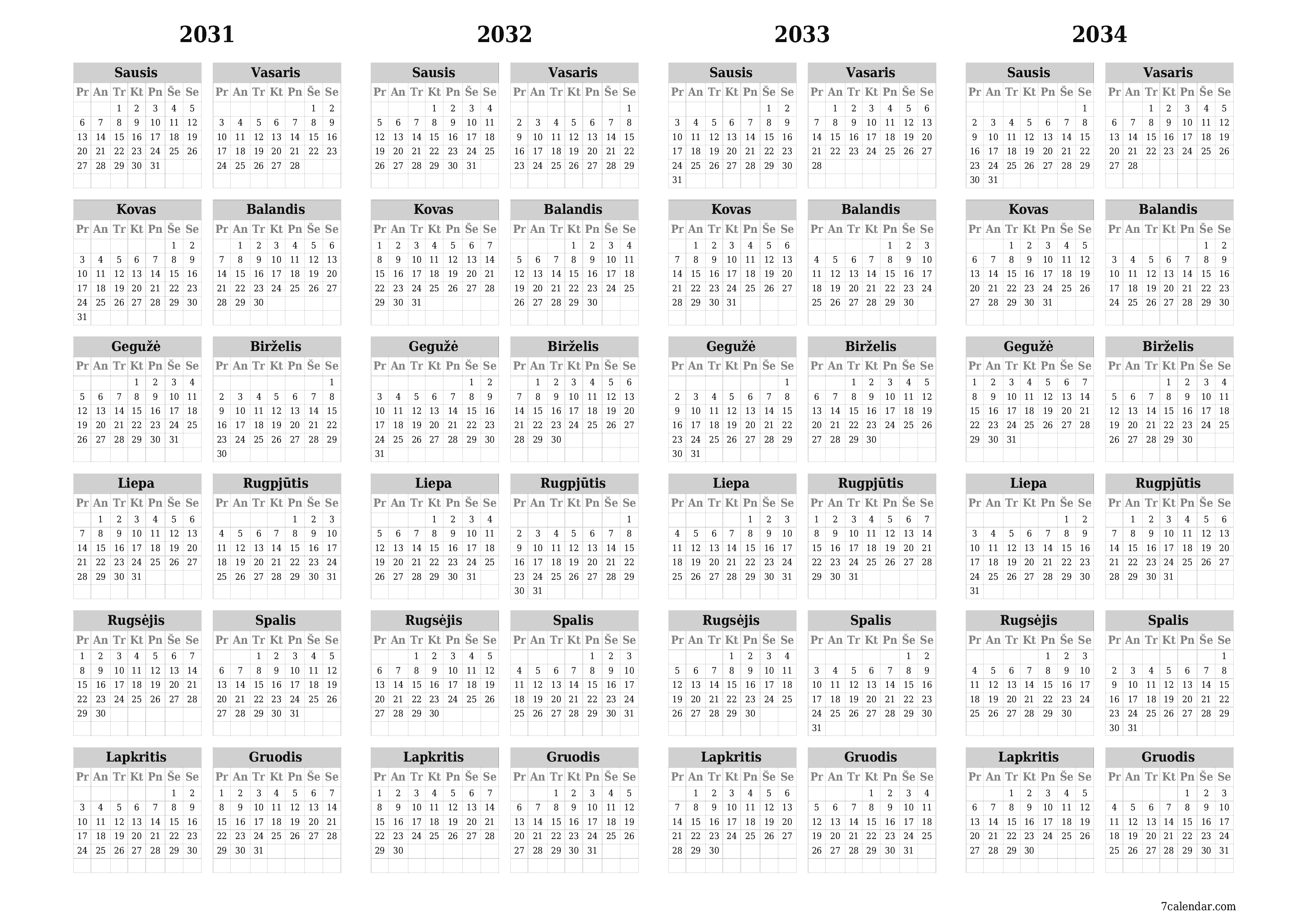 Tuščias metų planavimo kalendorius 2031, 2032, 2033, 2034 su užrašais, išsaugokite ir atsispausdinkite PDF formatu PNG Lithuanian