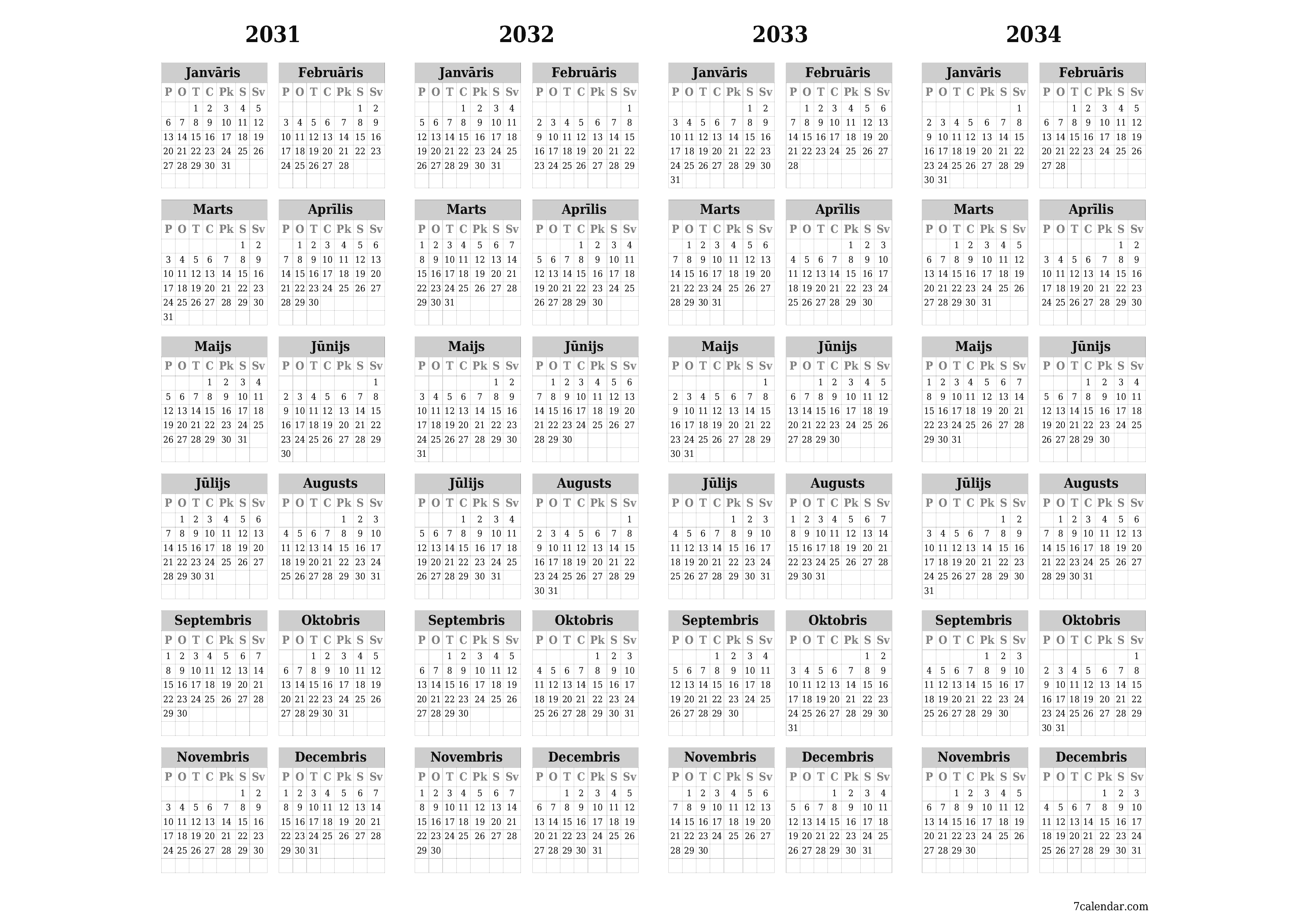 Tukšs gada plānotāja kalendārs gadam 2031, 2032, 2033, 2034 ar piezīmēm, saglabāšana un izdrukāšana PDF formātā PNG Latvian