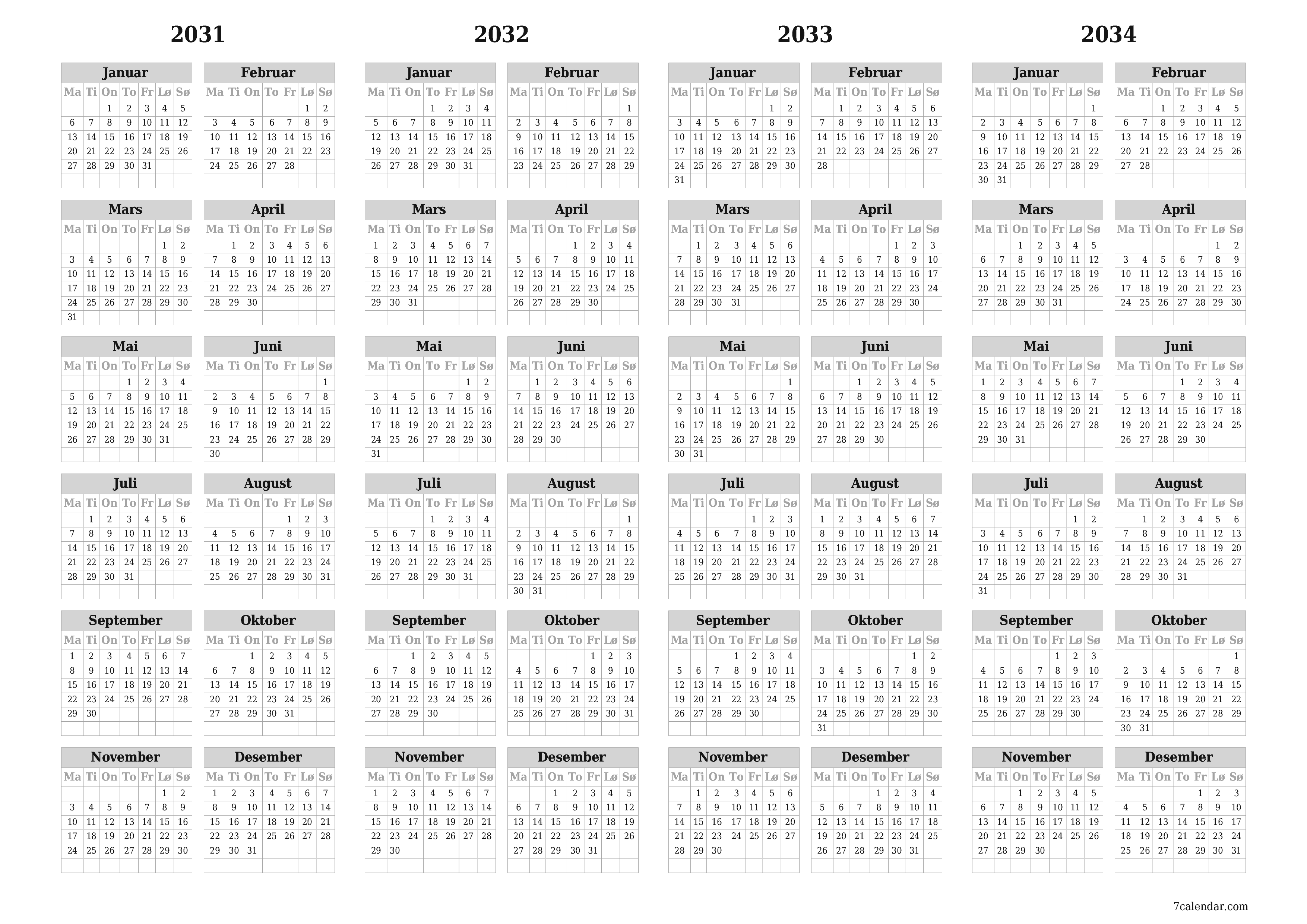 Tom årlig planleggerkalender for året 2031, 2032, 2033, 2034 med notater, lagre og skrive ut i PDF PNG Norwegian