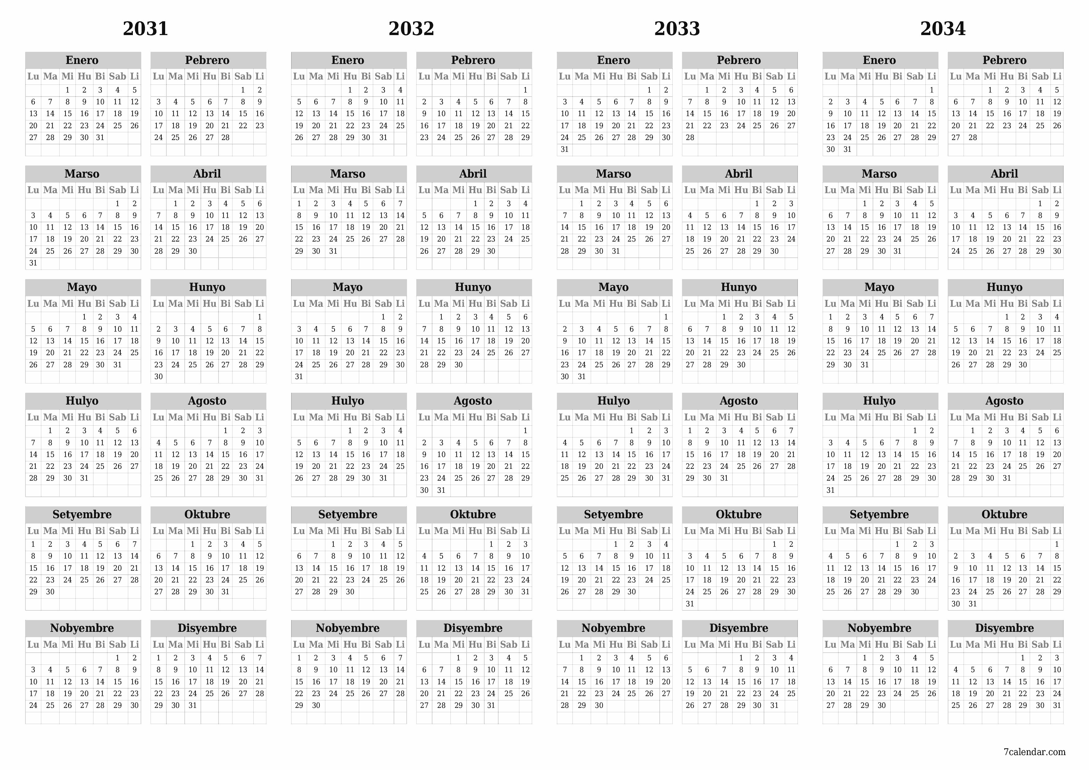 Walang laman ang taunang kalendaryo ng tagaplano para sa taong 2031, 2032, 2033, 2034 na may mga tala, i-save at i-print sa PDF PNG Filipino