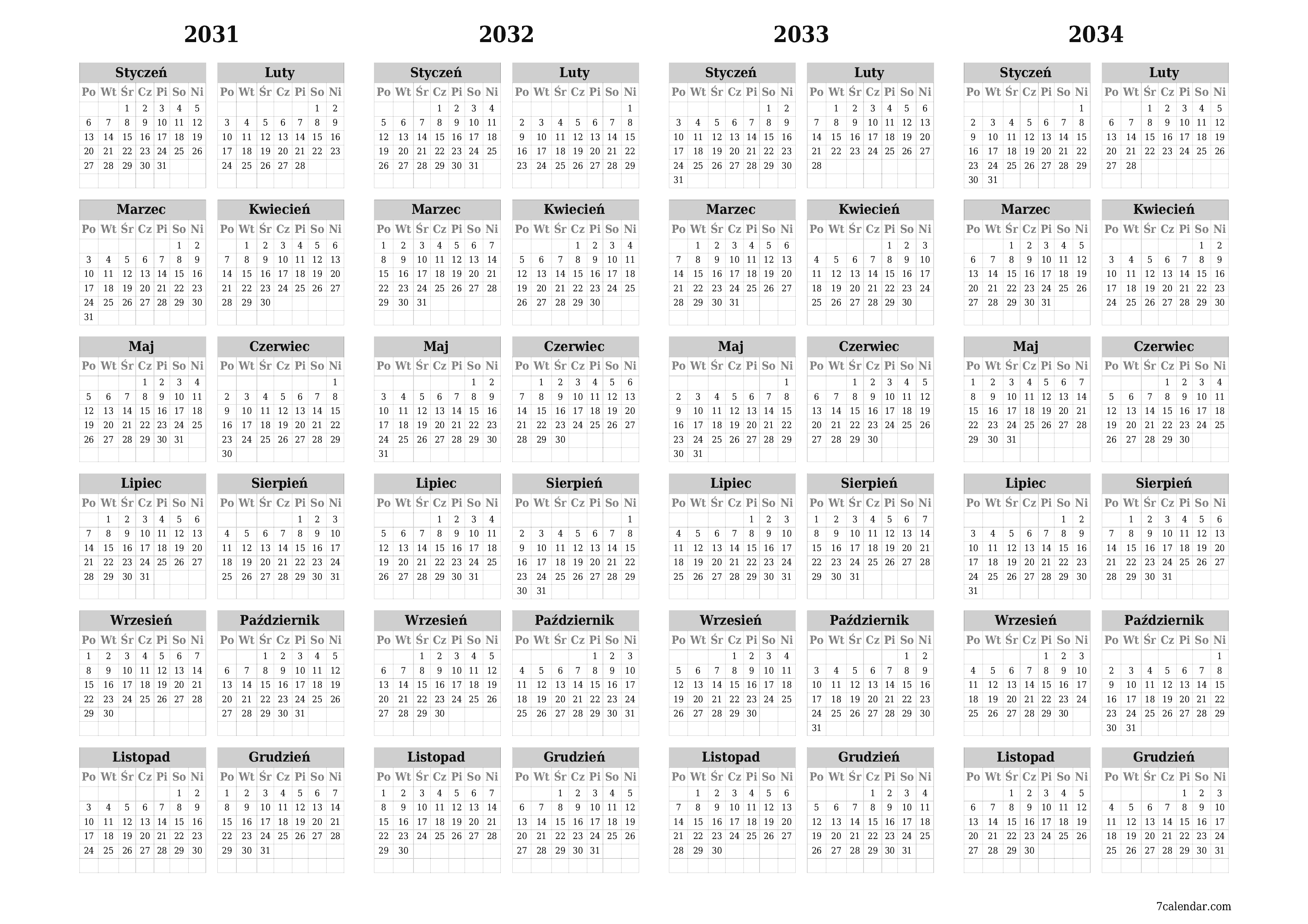 Opróżnij kalendarz rocznego planowania na rok 2031, 2032, 2033, 2034 z notatkami, zapisz i wydrukuj w formacie PDF PNG Polish