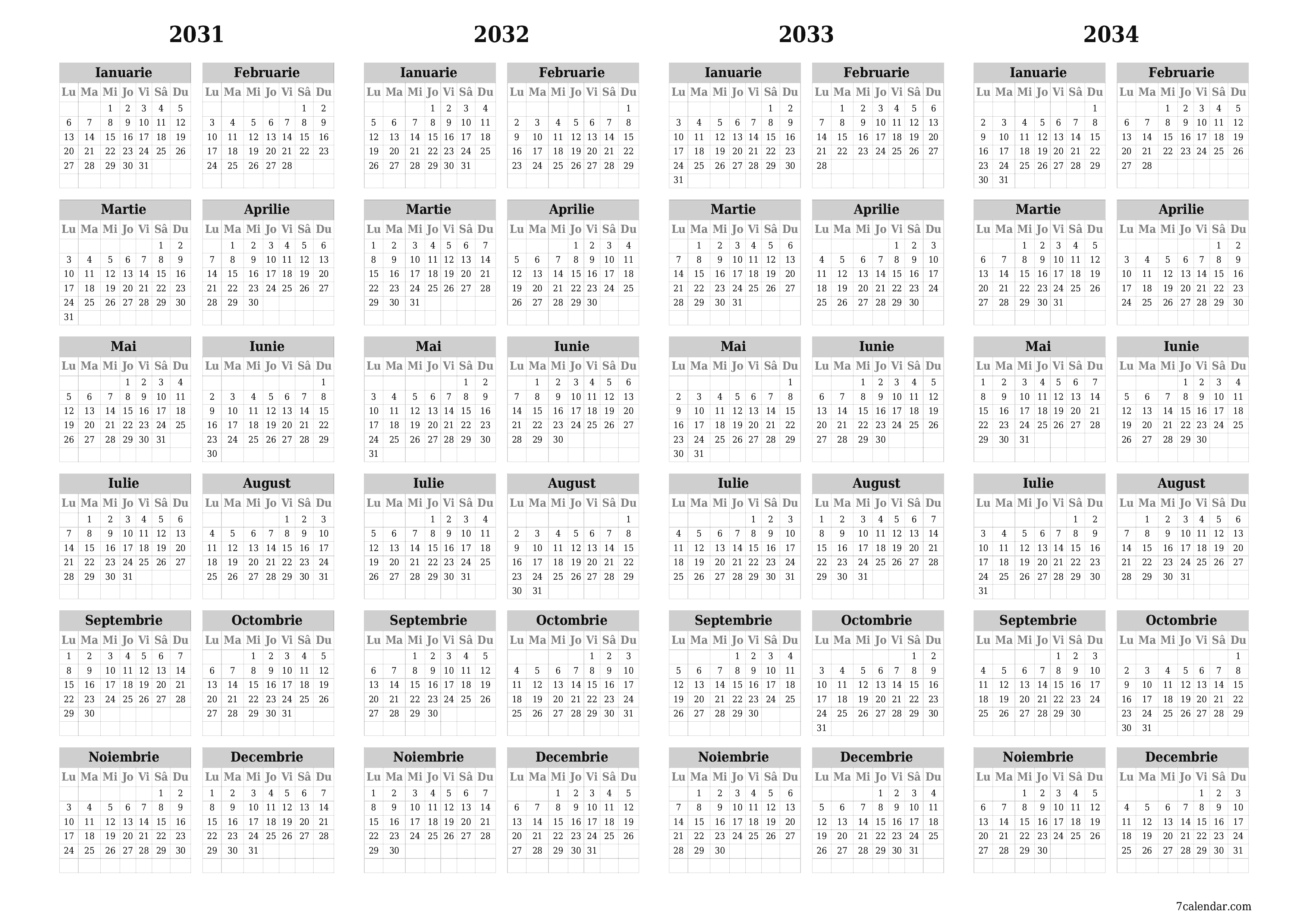 Goliți calendarul anual al planificatorului pentru anul 2031, 2032, 2033, 2034 cu note, salvați și tipăriți în PDF PNG Romanian