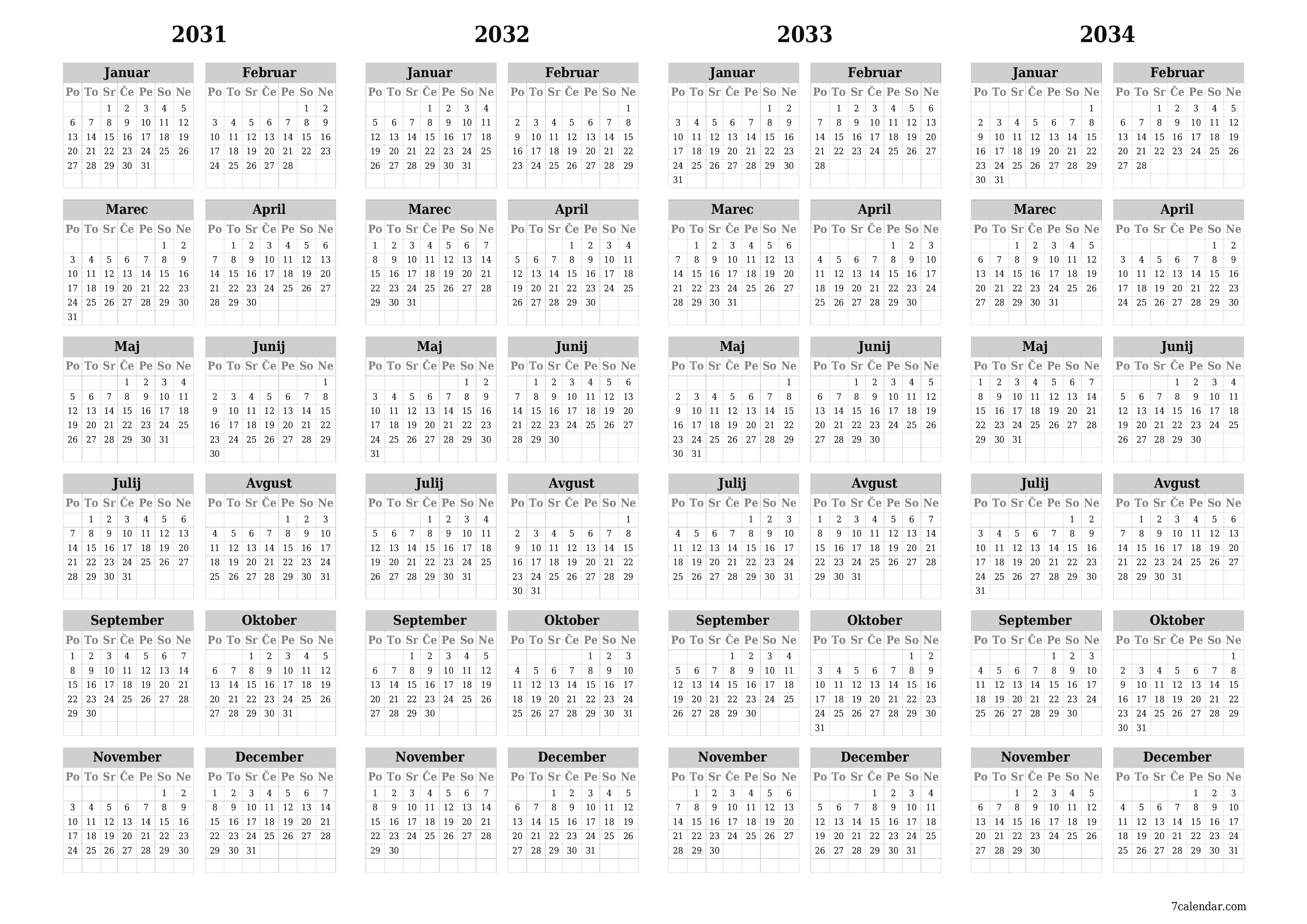 Prazen letni načrtovalec koledarja za leto 2031, 2032, 2033, 2034 z opombami za tiskanje v PDF-ju PNG Slovenian