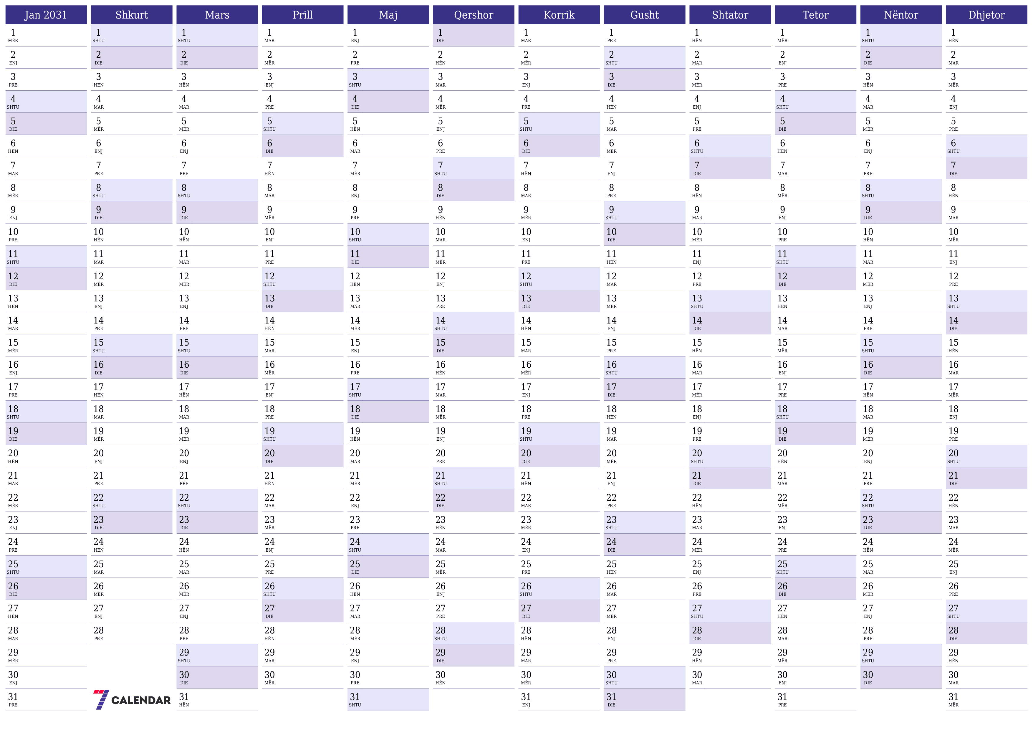 Planifikuesi bosh i kalendarit vjetor për vitin 2031 me shënime, ruani dhe printoni në PDF PNG Albanian