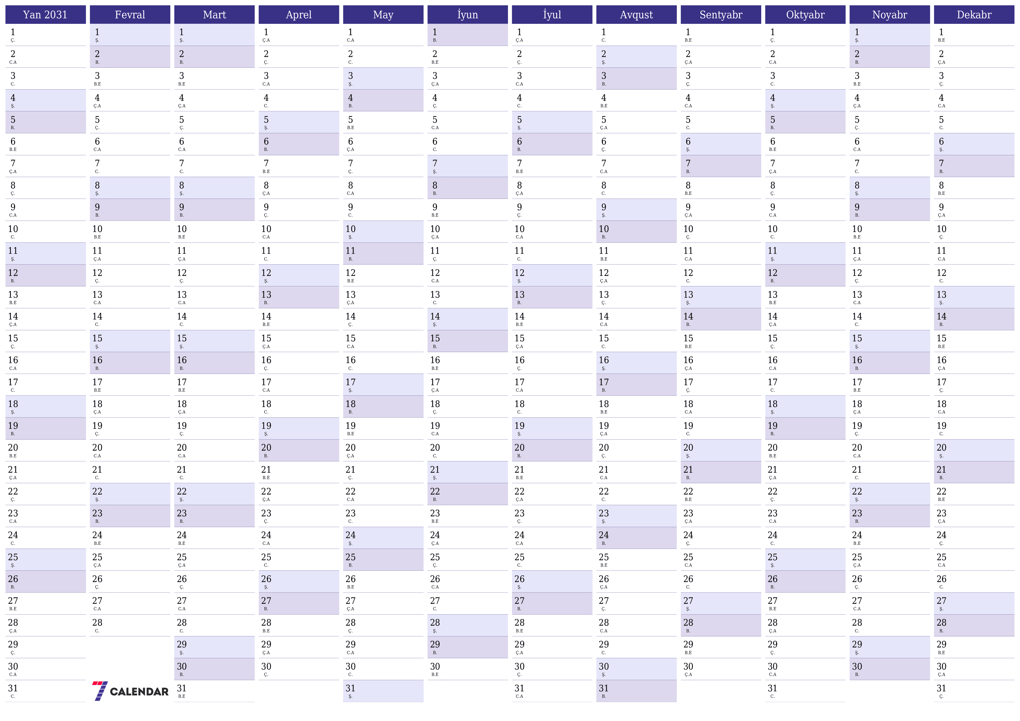 2031 ili üçün illik illik planlayıcı təqvim, qeydlər ilə boş saxlayın, qeyd edin və PDF-ə yazdırın PNG Azerbaijani