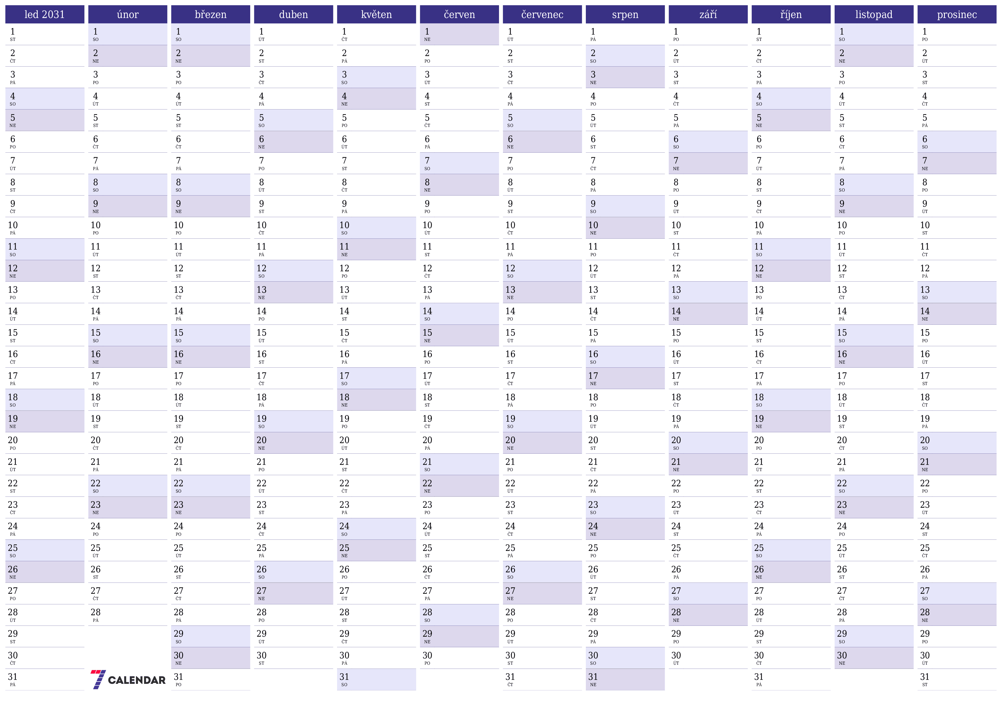 Prázdný roční kalendář plánovače pro rok 2031 s poznámkami, uložením a tiskem do PDF PNG Czech