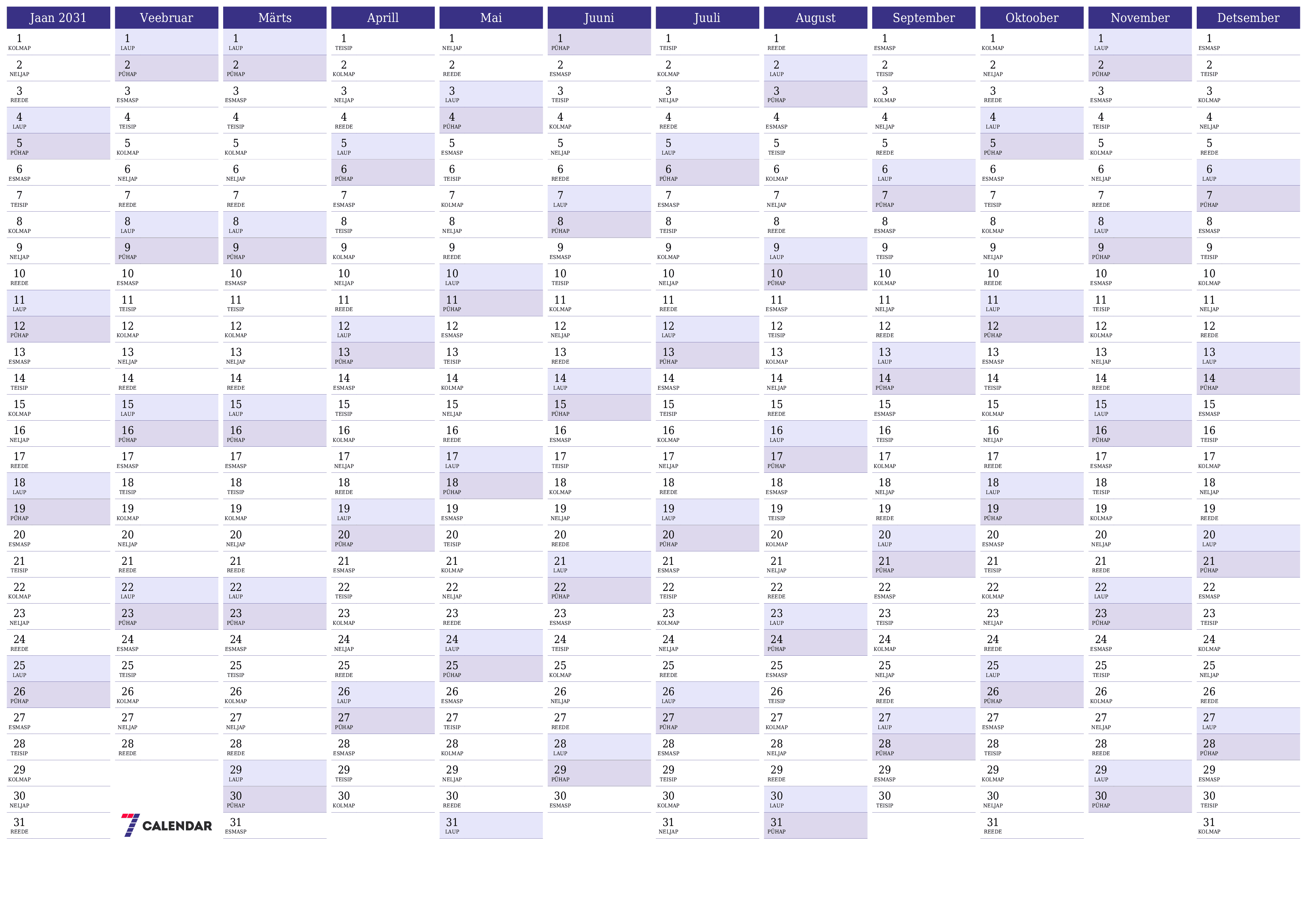 Tühi aasta planeerija kalender aastaks 2031 koos märkmetega, salvestage ja printige PDF-i PNG Estonian