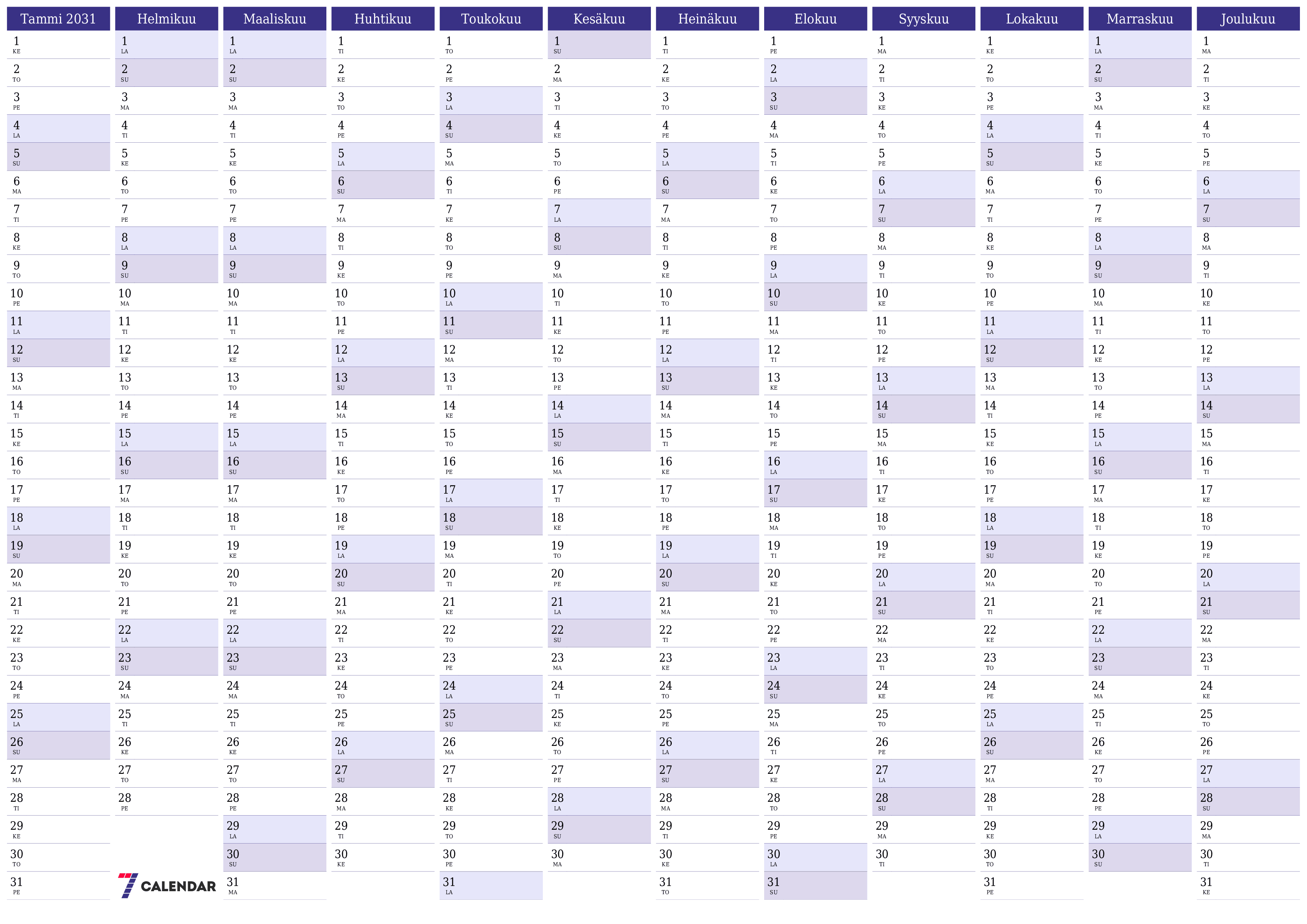 Tyhjä vuosisuunnittelukalenteri vuodelle 2031 muistiinpanoilla, tallenna ja tulosta PDF-muotoon PNG Finnish