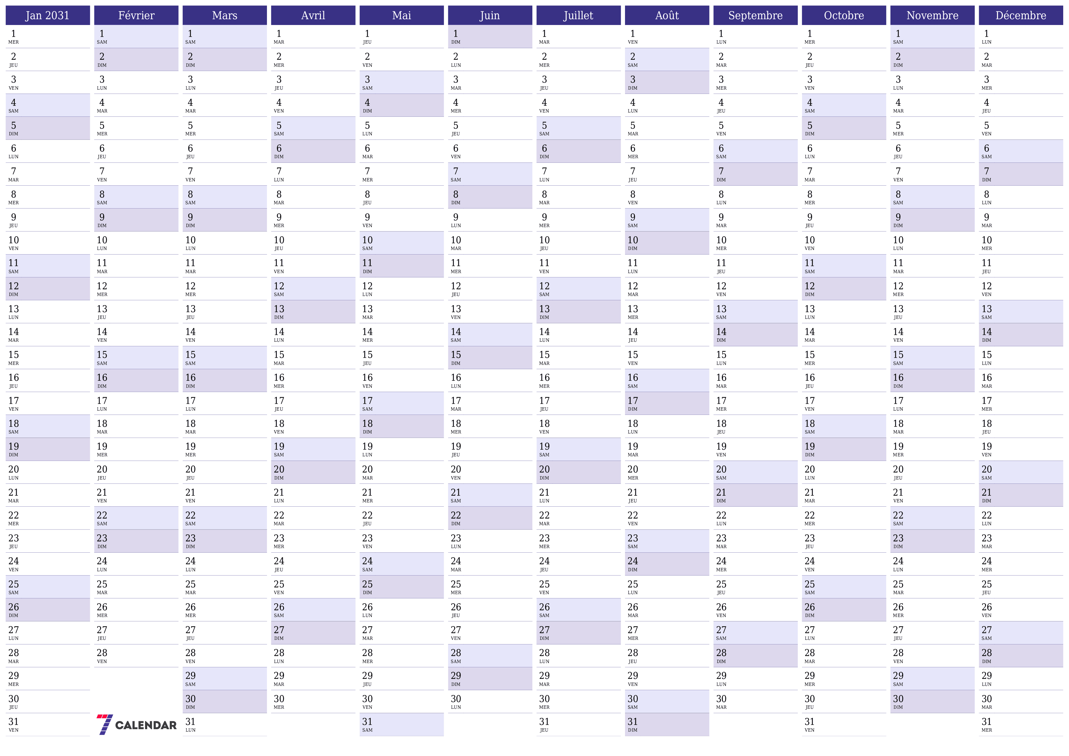 Calendrier annuel vide pour l'année 2031 avec notes, enregistrer et imprimer au format PDF PNG French