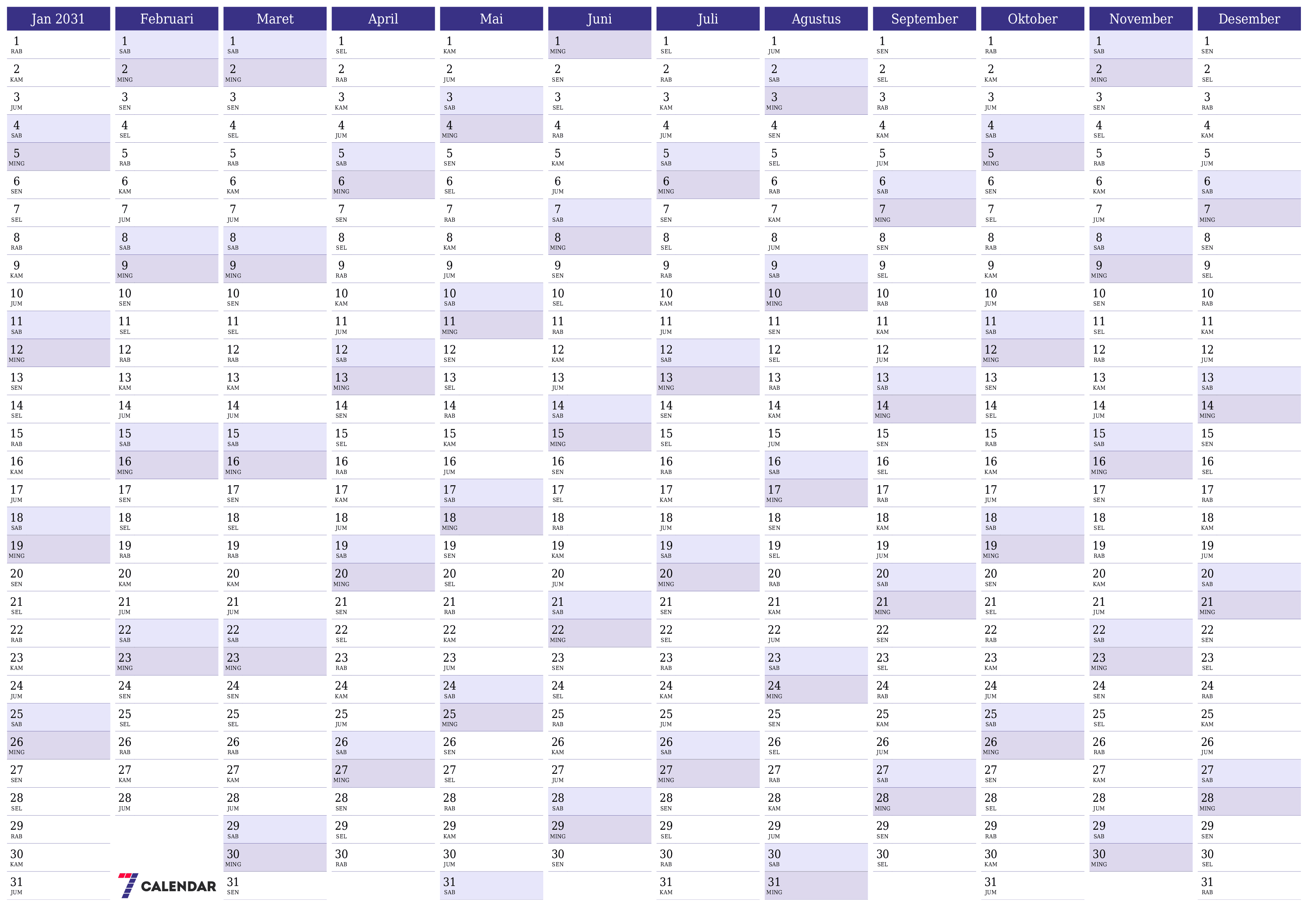 Kosongkan kalender perencana tahunan untuk tahun ini 2031 dengan catatan, simpan dan cetak ke PDF PNG Indonesian