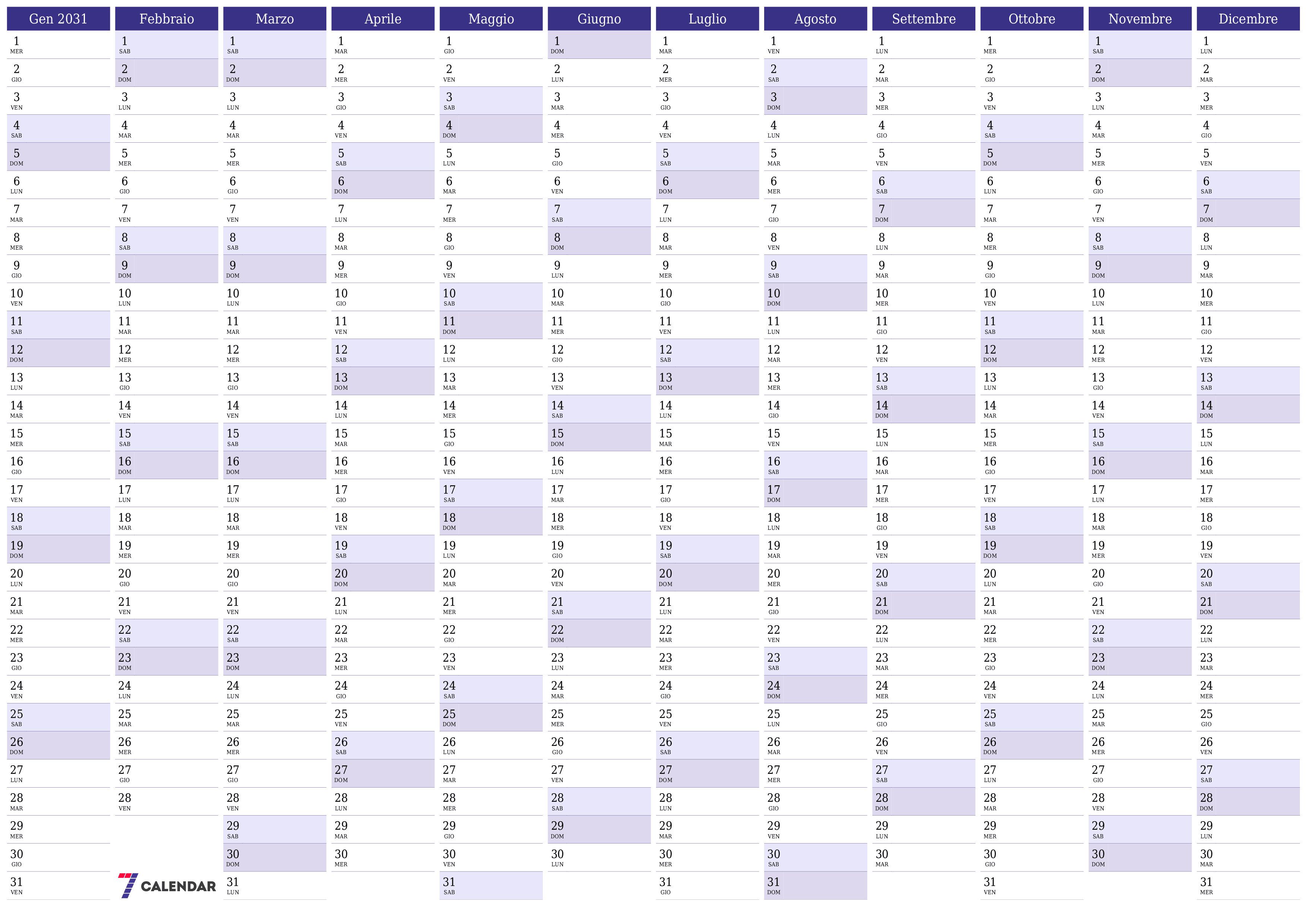 Calendario pianificatore annuale vuoto per l'anno 2031 con note, salva e stampa in PDF PNG Italian