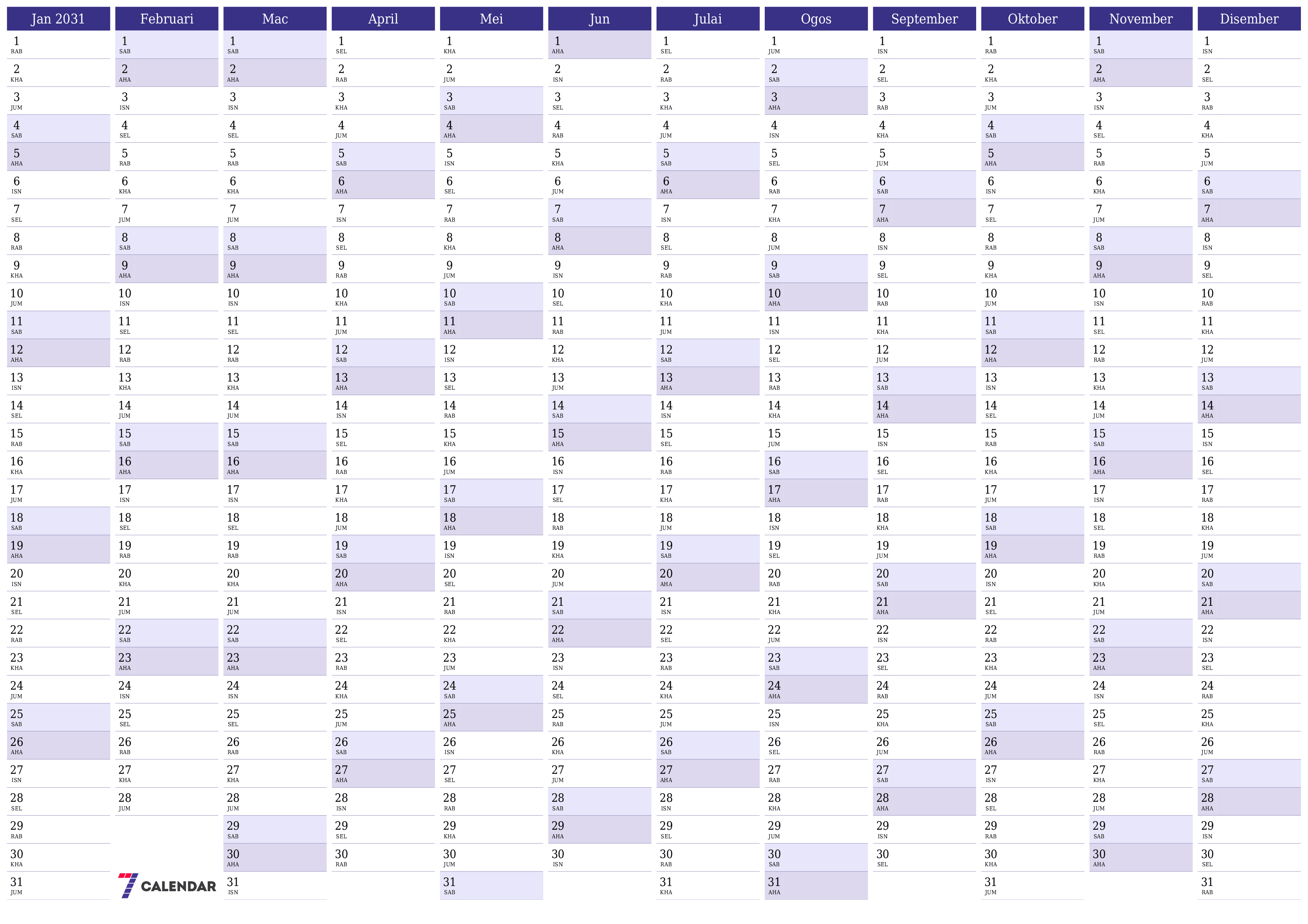 Kalendar perancang tahunan kosong untuk tahun ini 2031 dengan nota, simpan dan cetak ke PDF PNG Malay