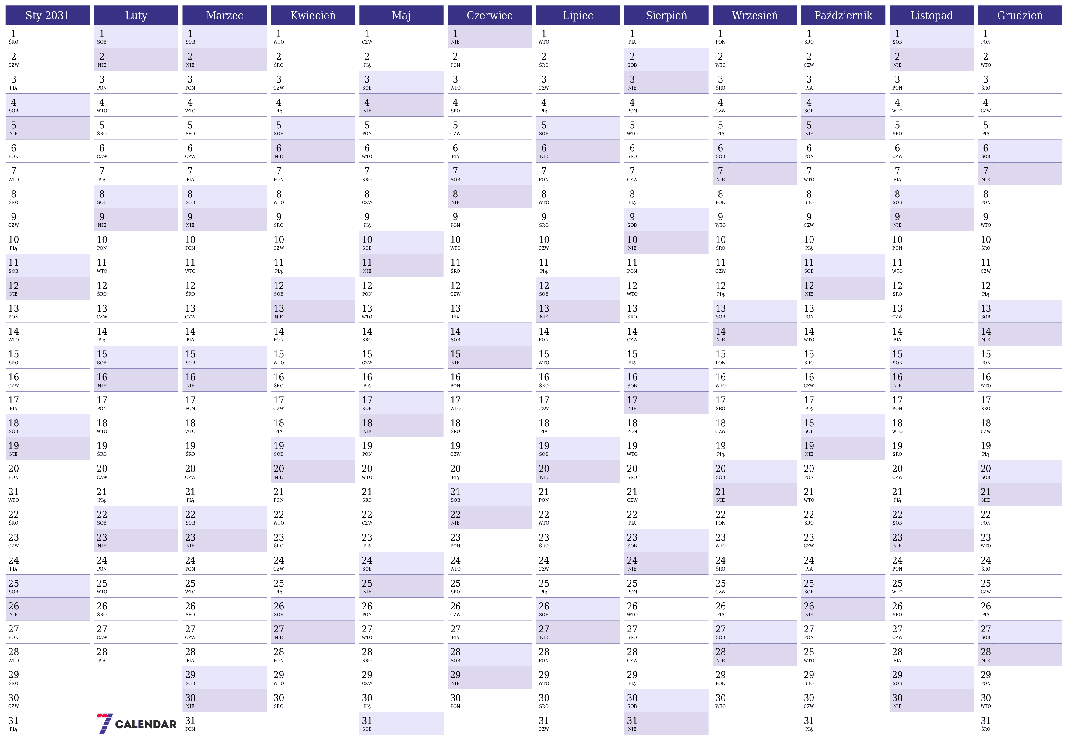 Opróżnij kalendarz rocznego planowania na rok 2031 z notatkami, zapisz i wydrukuj w formacie PDF PNG Polish