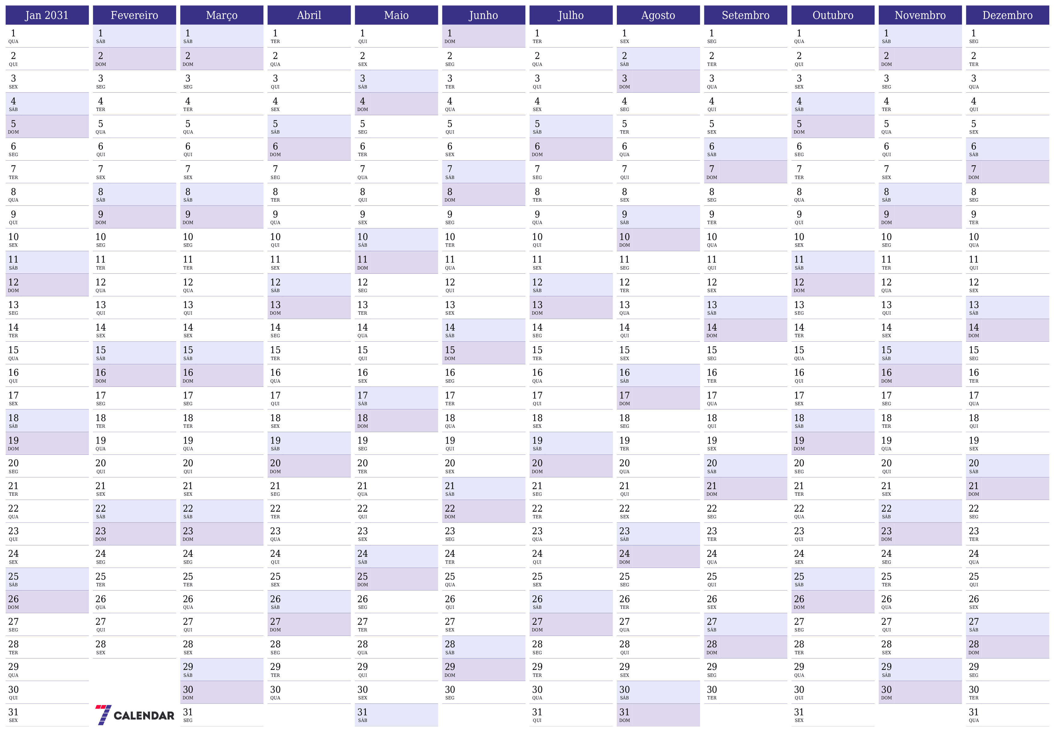 Calendário de planejador anual vazio para o ano 2031 com notas, salve e imprima em PDF PNG Portuguese