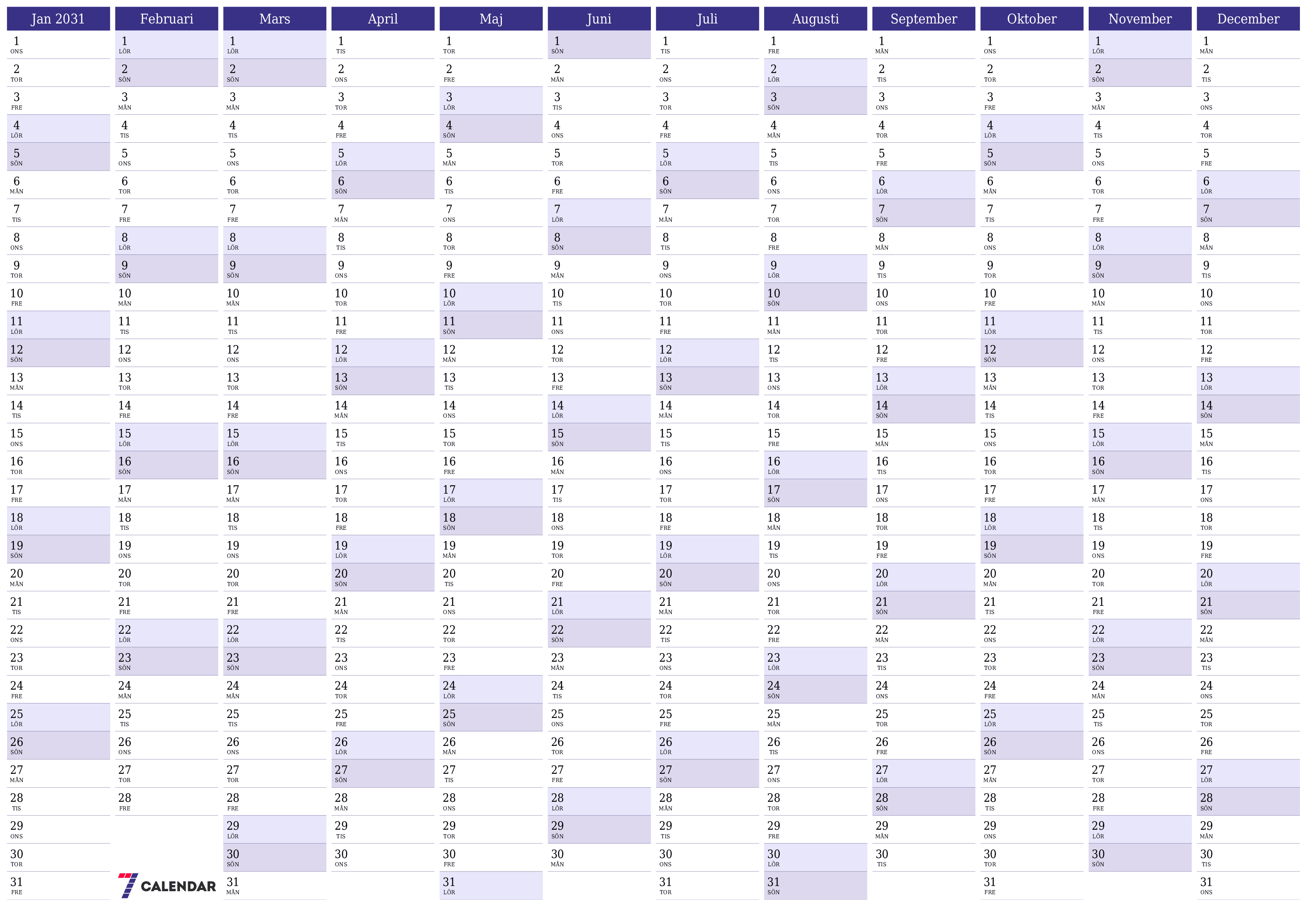 Tom årlig planeringskalender för året 2031 med anteckningar, spara och skriv ut till PDF PNG Swedish