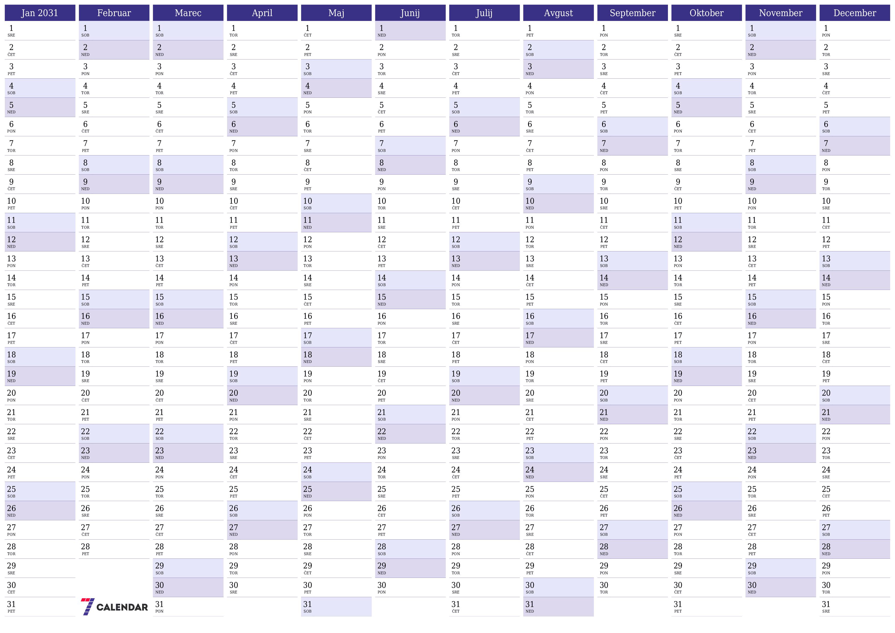 Prazen letni načrtovalec koledarja za leto 2031 z opombami za tiskanje v PDF-ju PNG Slovenian