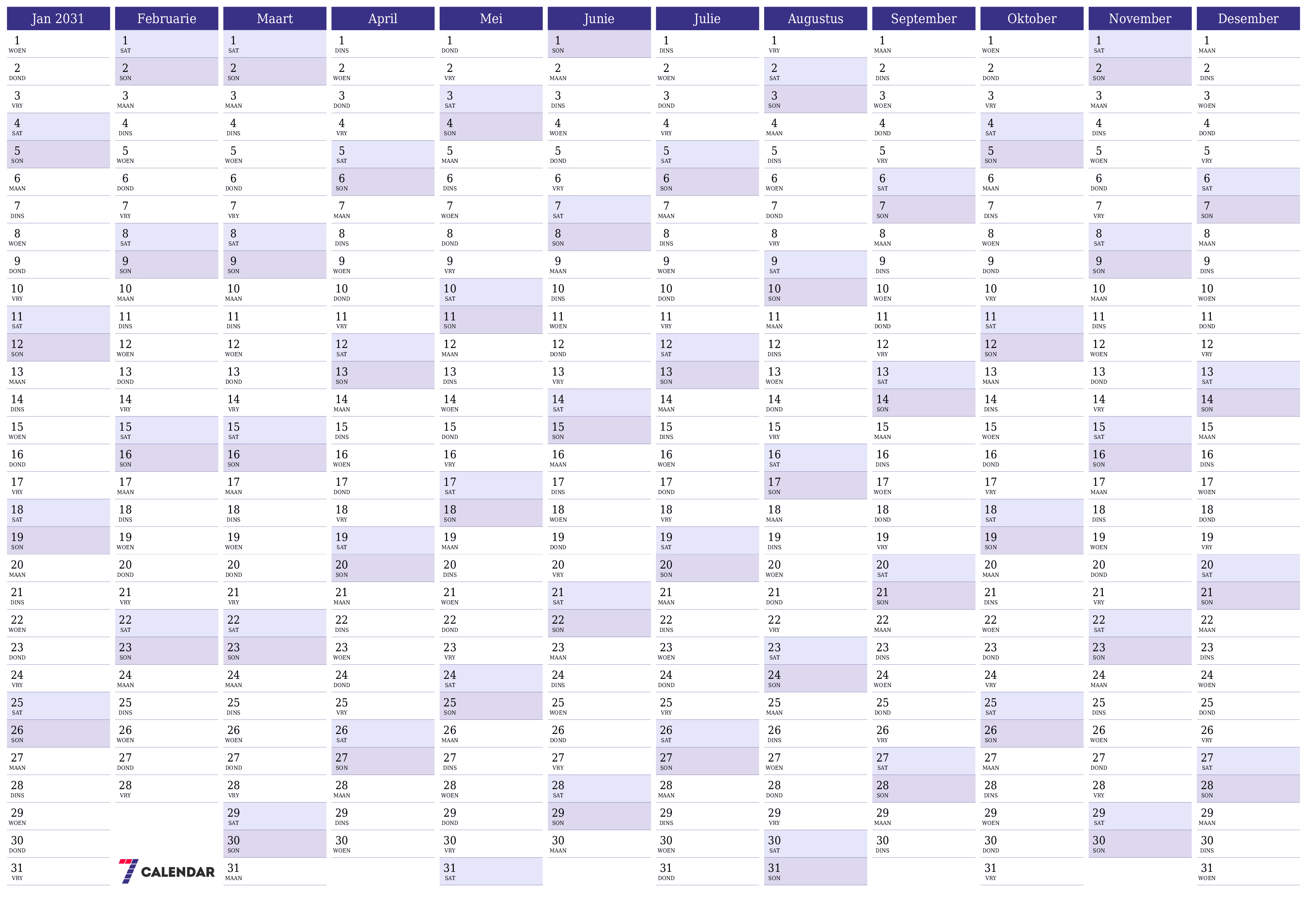 Leë jaarlikse drukbare kalender en beplanner vir die jaar 2031 met notas, stoor en druk na PDF PNG Afrikaans