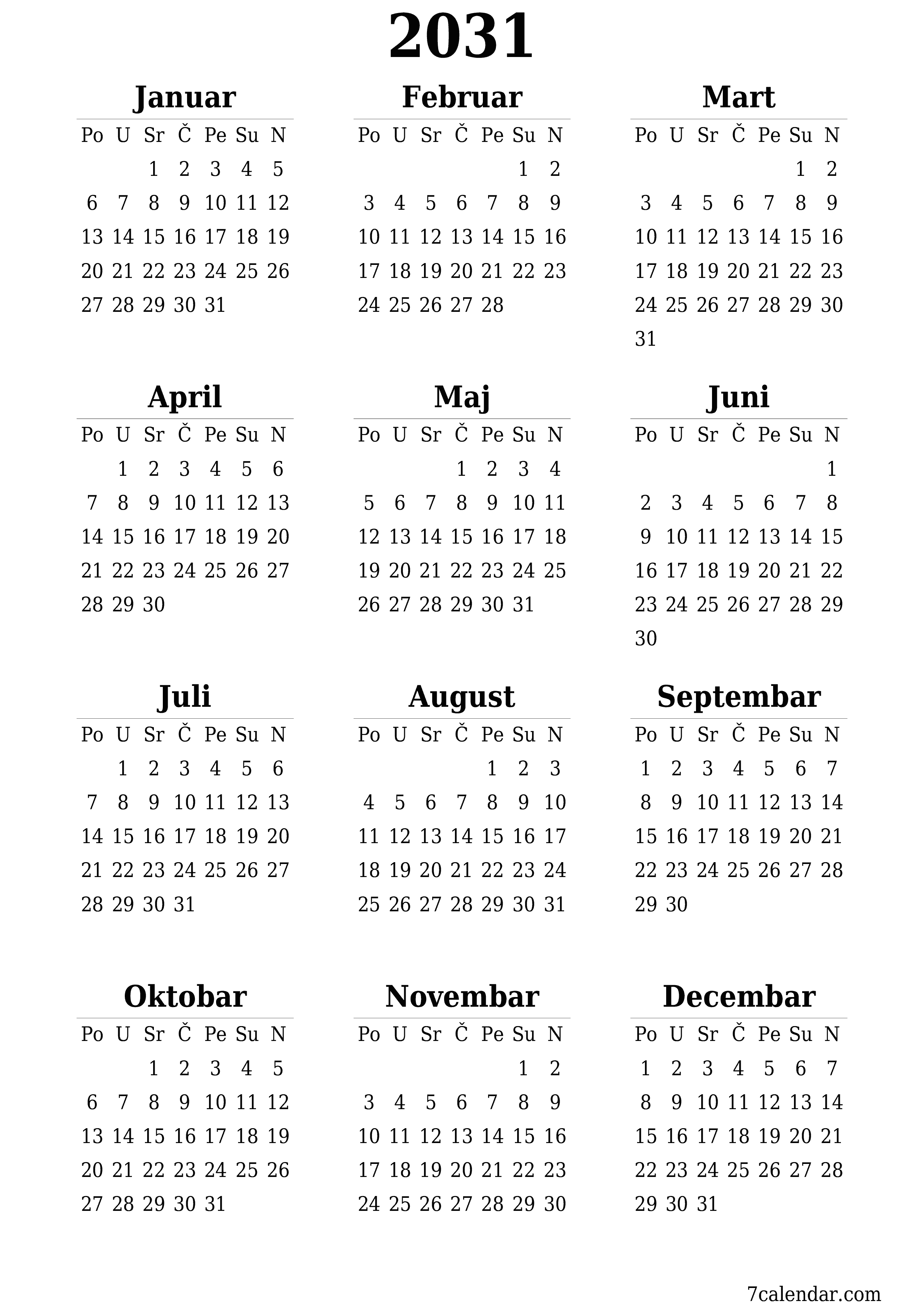  za štampanje zidni šablon a besplatni vertikalno Godišnje kalendar Juni (Jun) 2031