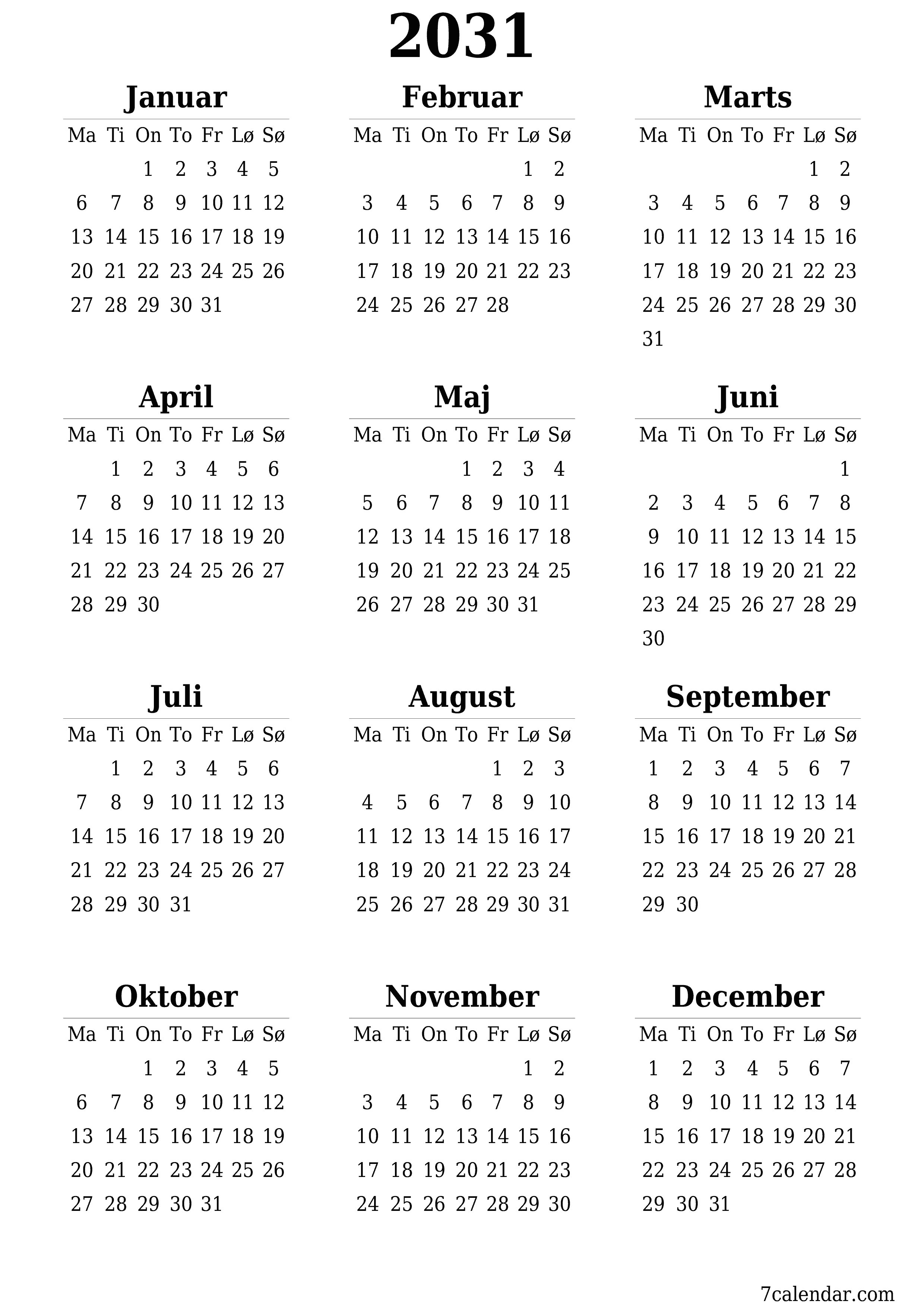 Tom årlig planlægningskalender for året 2031 med noter, gem og udskriv til PDF PNG Danish