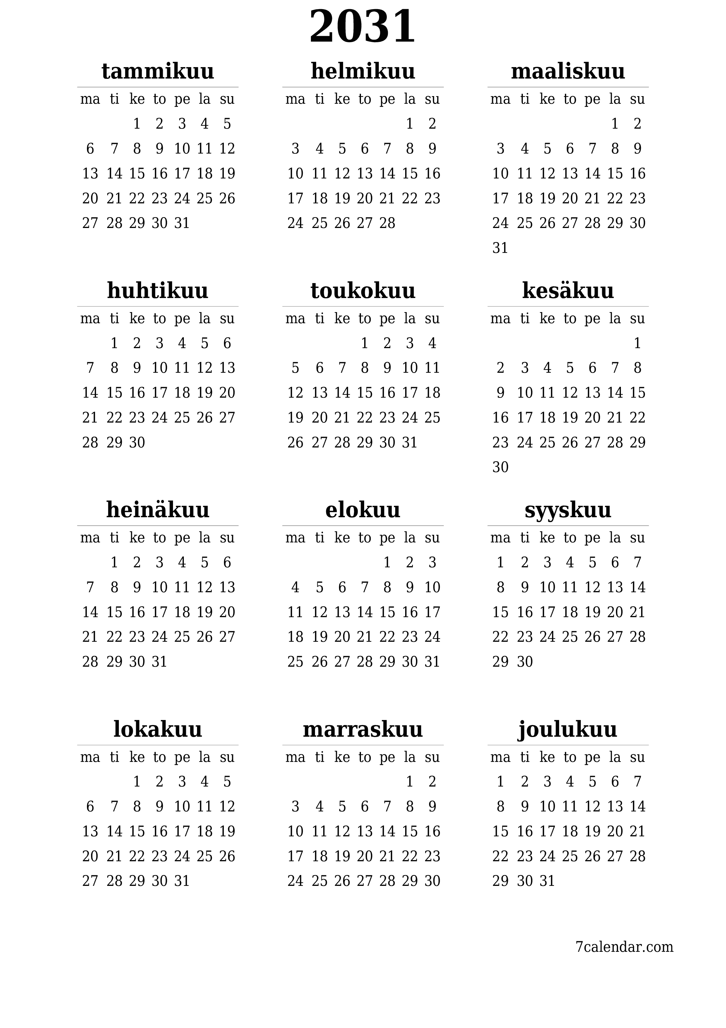 Tyhjä vuosisuunnittelukalenteri vuodelle 2031 muistiinpanoilla, tallenna ja tulosta PDF-muotoon PNG Finnish