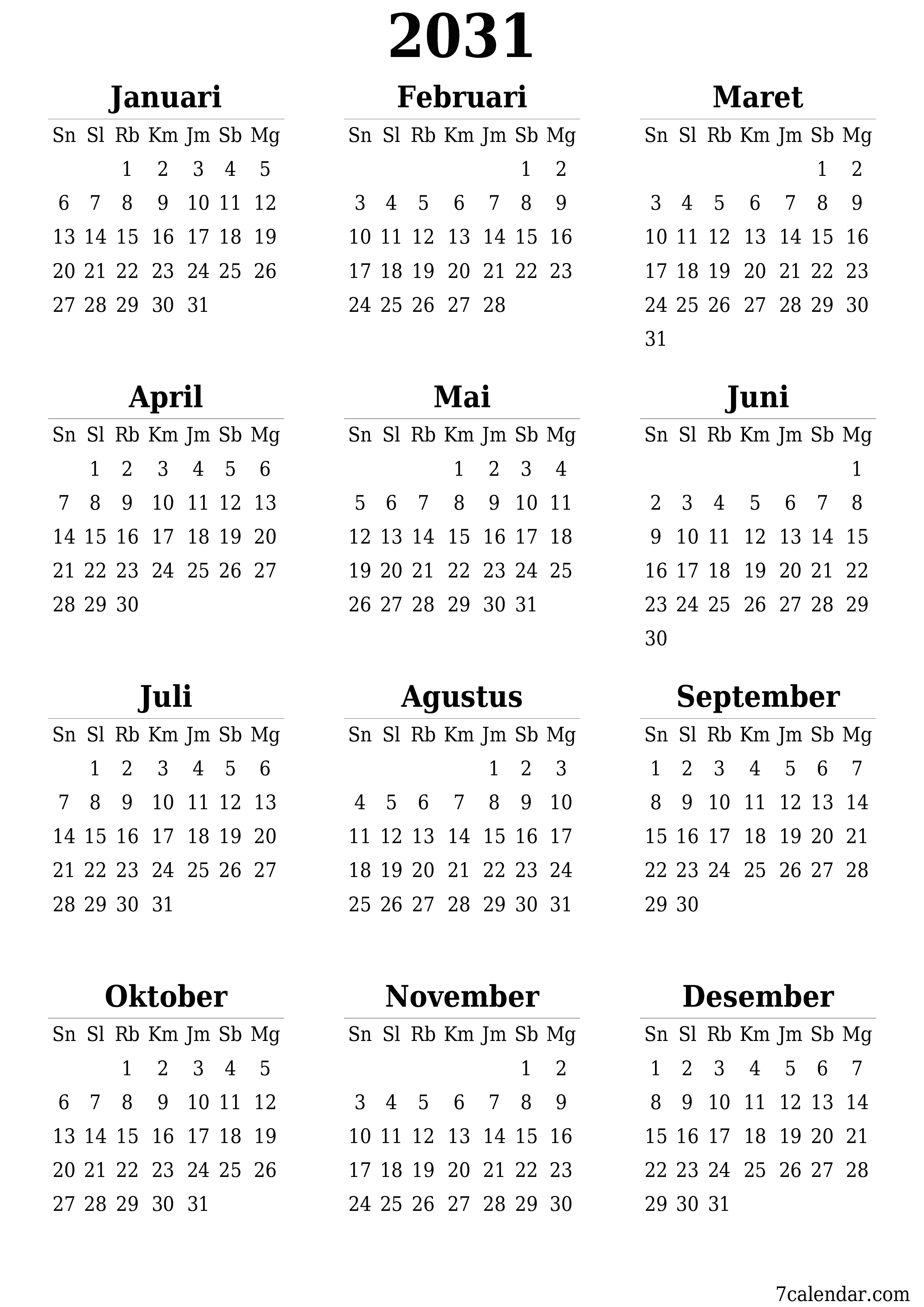 Kosongkan kalender perencana tahunan untuk tahun ini 2031 dengan catatan, simpan dan cetak ke PDF PNG Indonesian