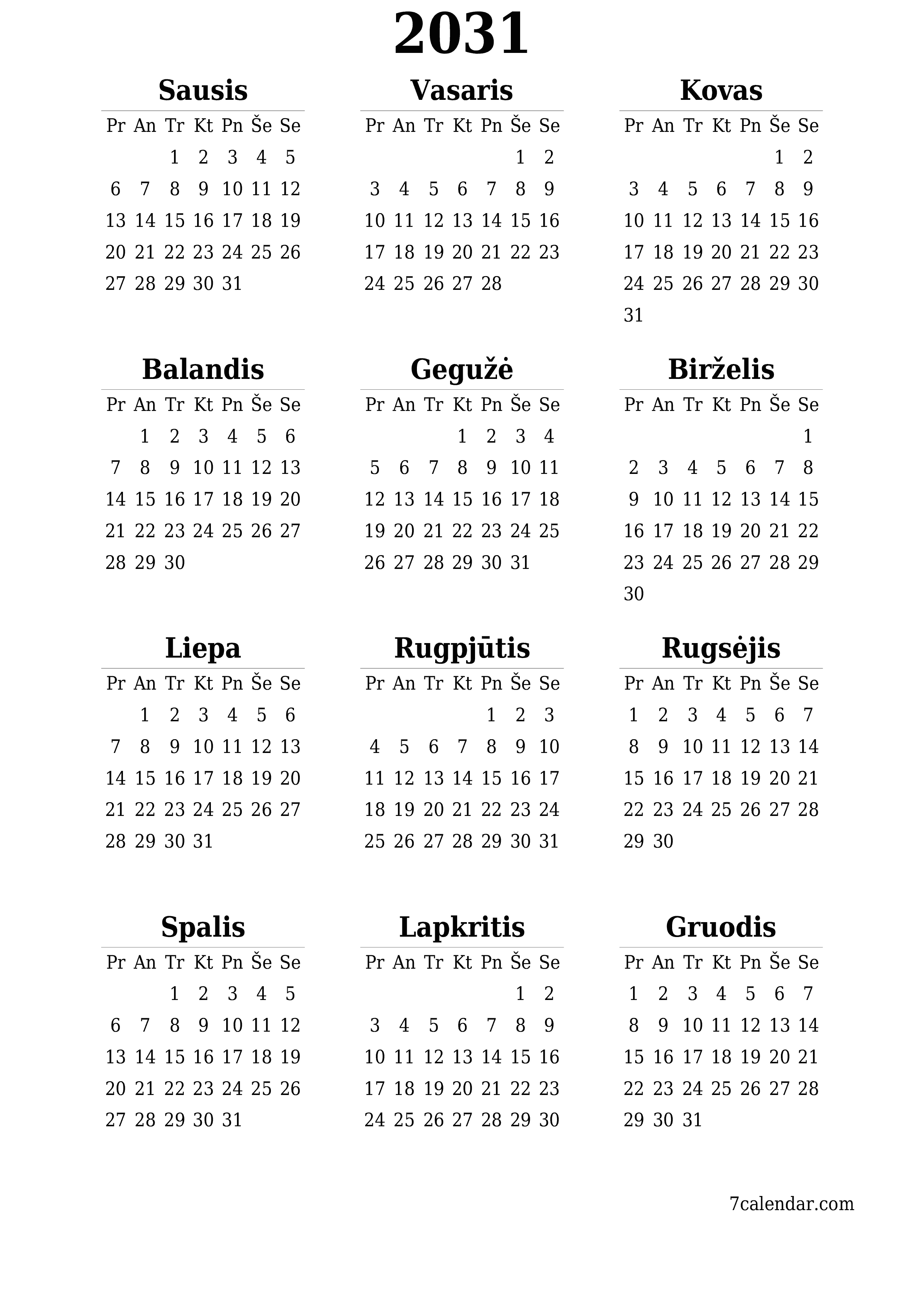 Tuščias metų planavimo kalendorius 2031 su užrašais, išsaugokite ir atsispausdinkite PDF formatu PNG Lithuanian