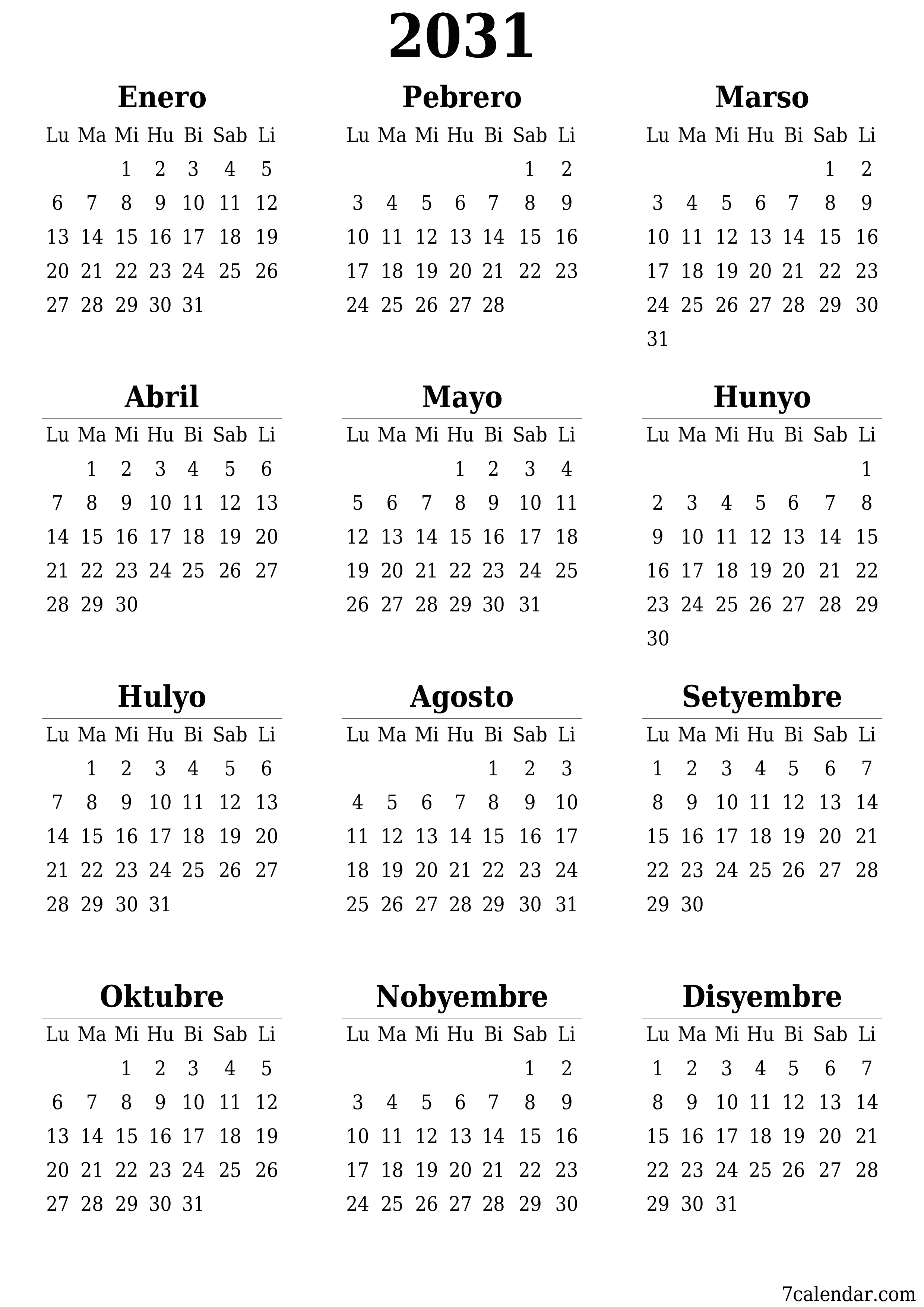 napi-print na sa dingding template ng libreng patayo Taunan kalendaryo Mayo (May) 2031