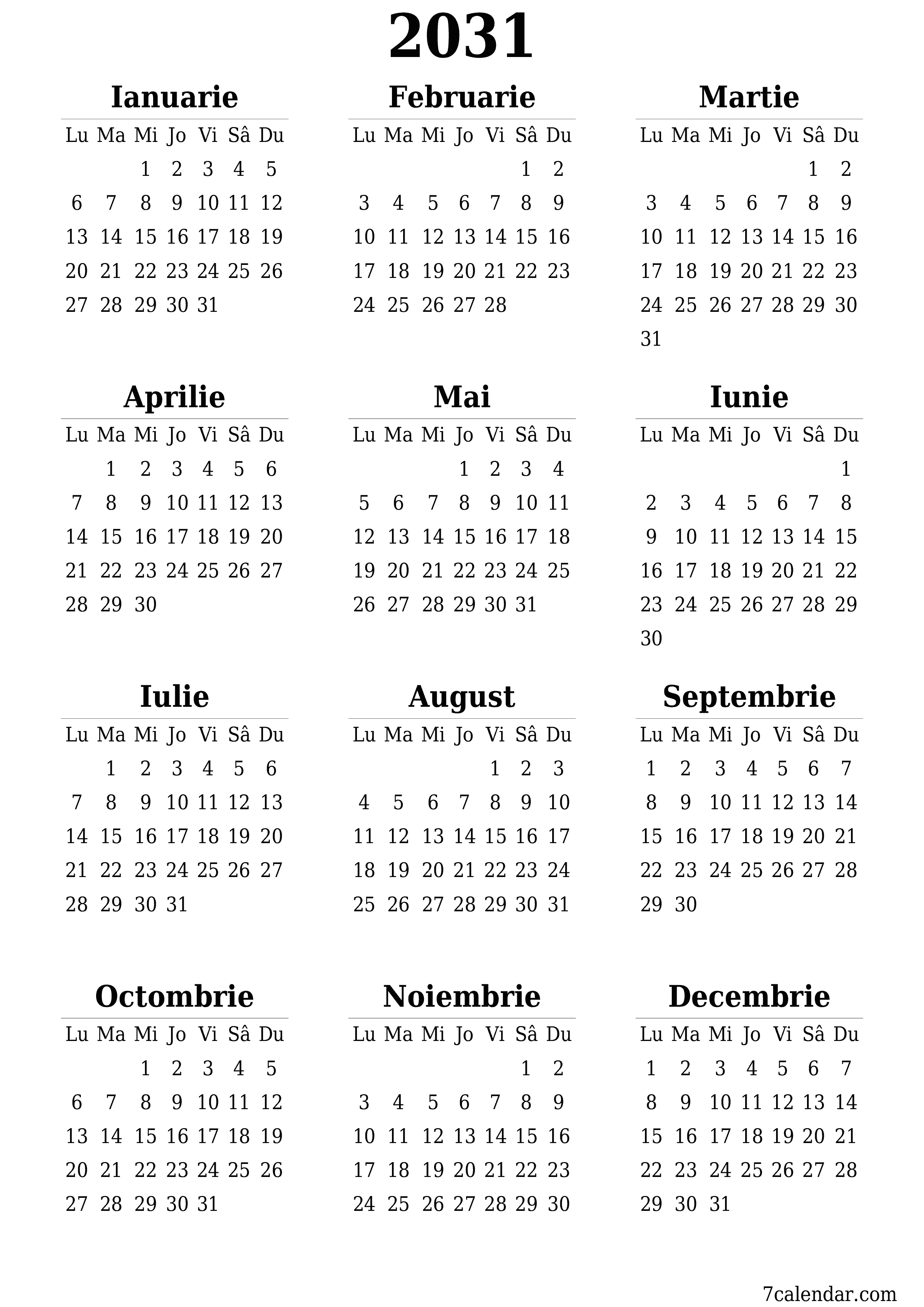  imprimabil de perete șablon de gratuitvertical Anual calendar Iunie (Iun) 2031