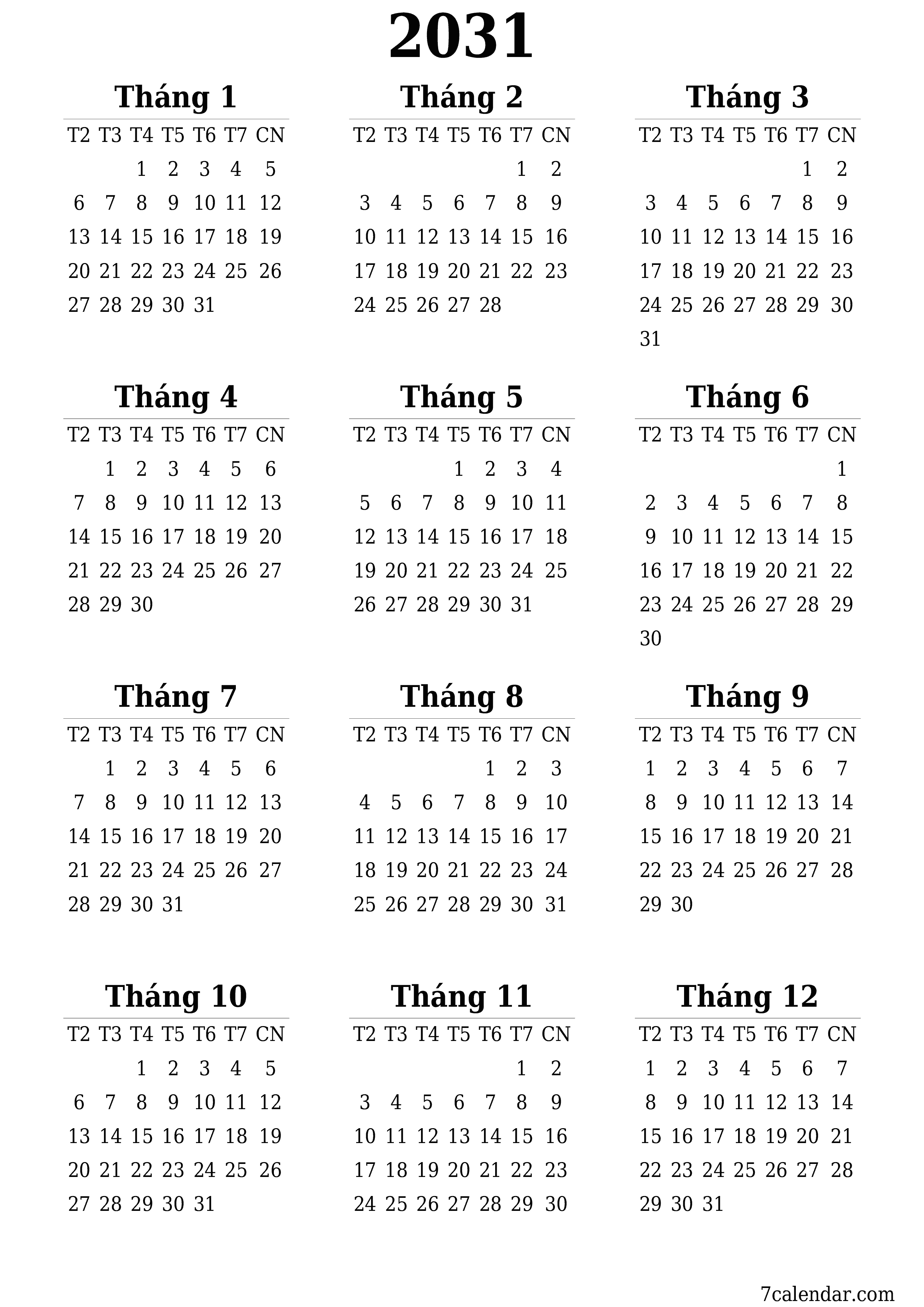  in được treo tường mẫu miễn phíthẳng đứng Hàng năm lịch Tháng 6 (Th6) 2031