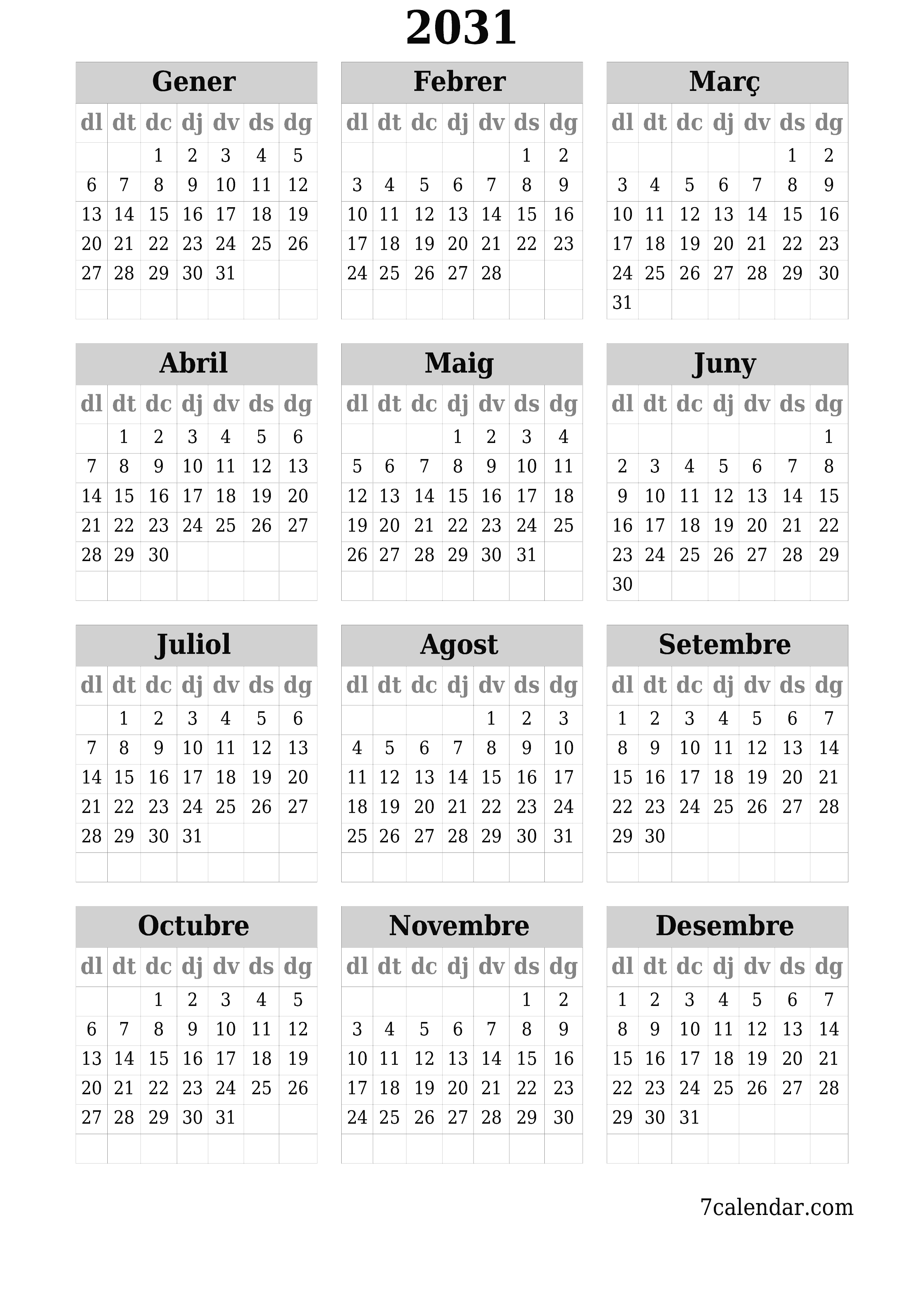 Planificador anual buit 2031 amb notes desades i imprimides en PDF PNG Catalan
