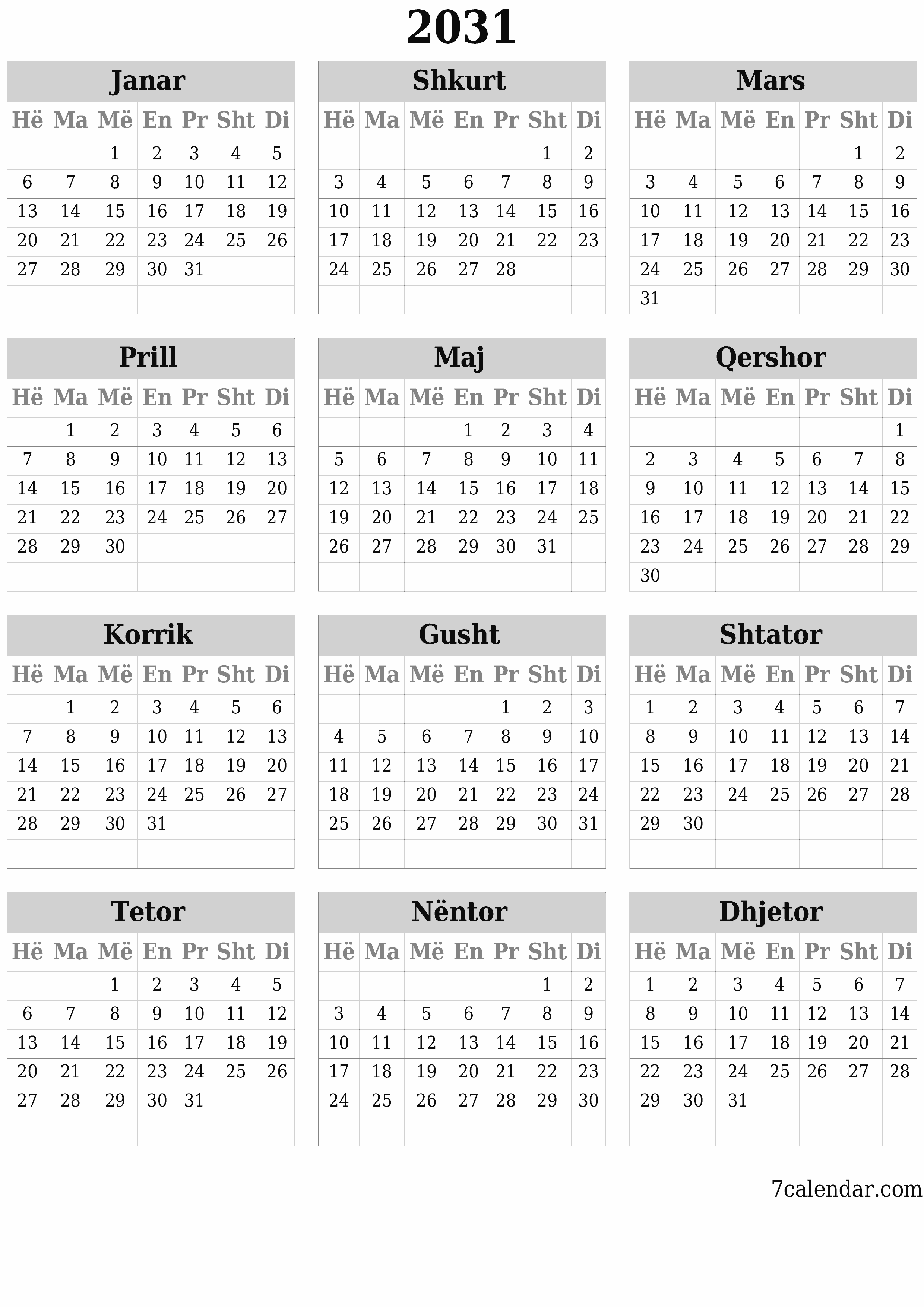  i printueshëm muri shabllon falasvertikale Vjetore kalendar Qershor (Qer) 2031