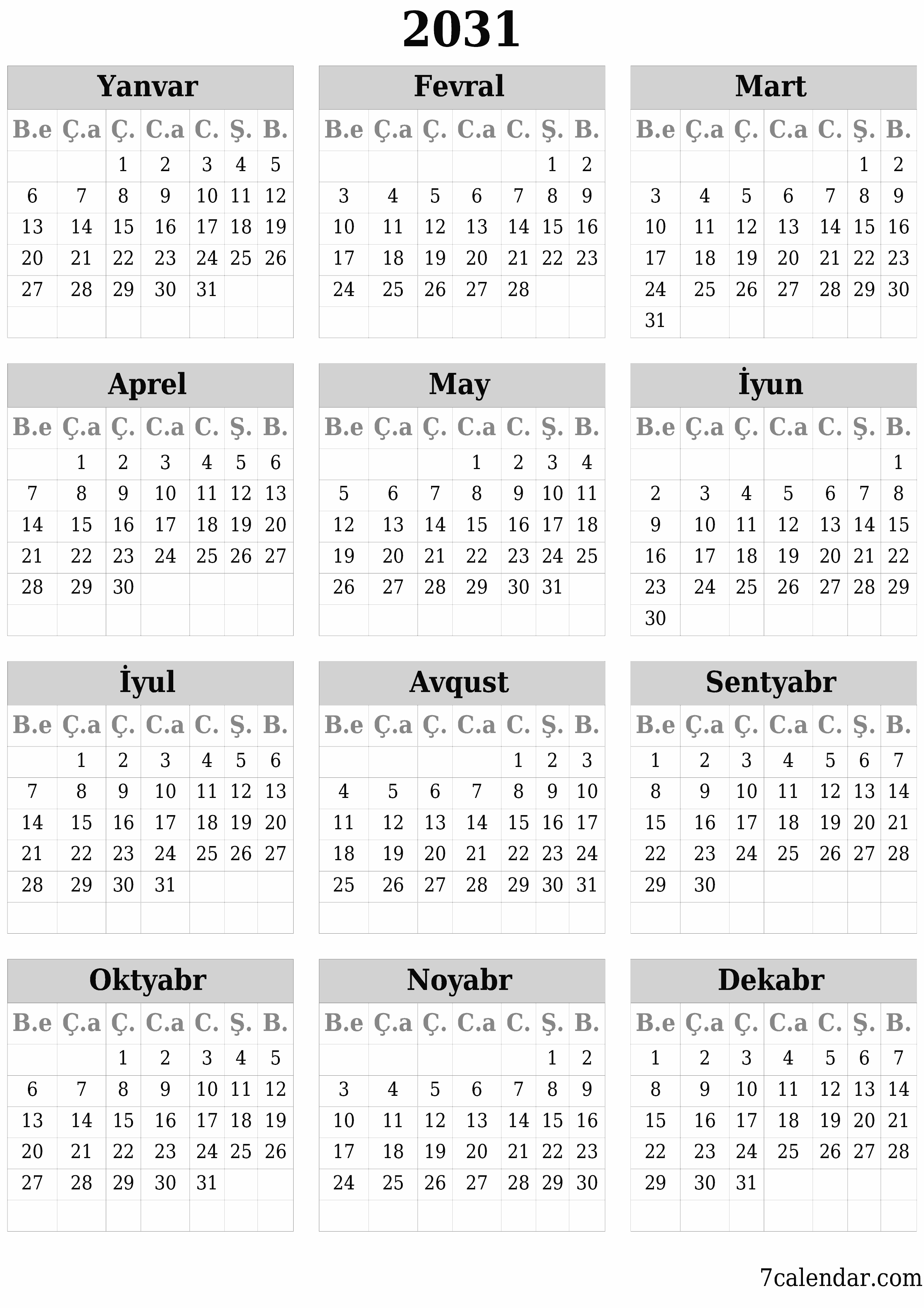 çap edilə bilən divar i şablonu pulsuz şaquli İllik təqvim İyun (İyun) 2031
