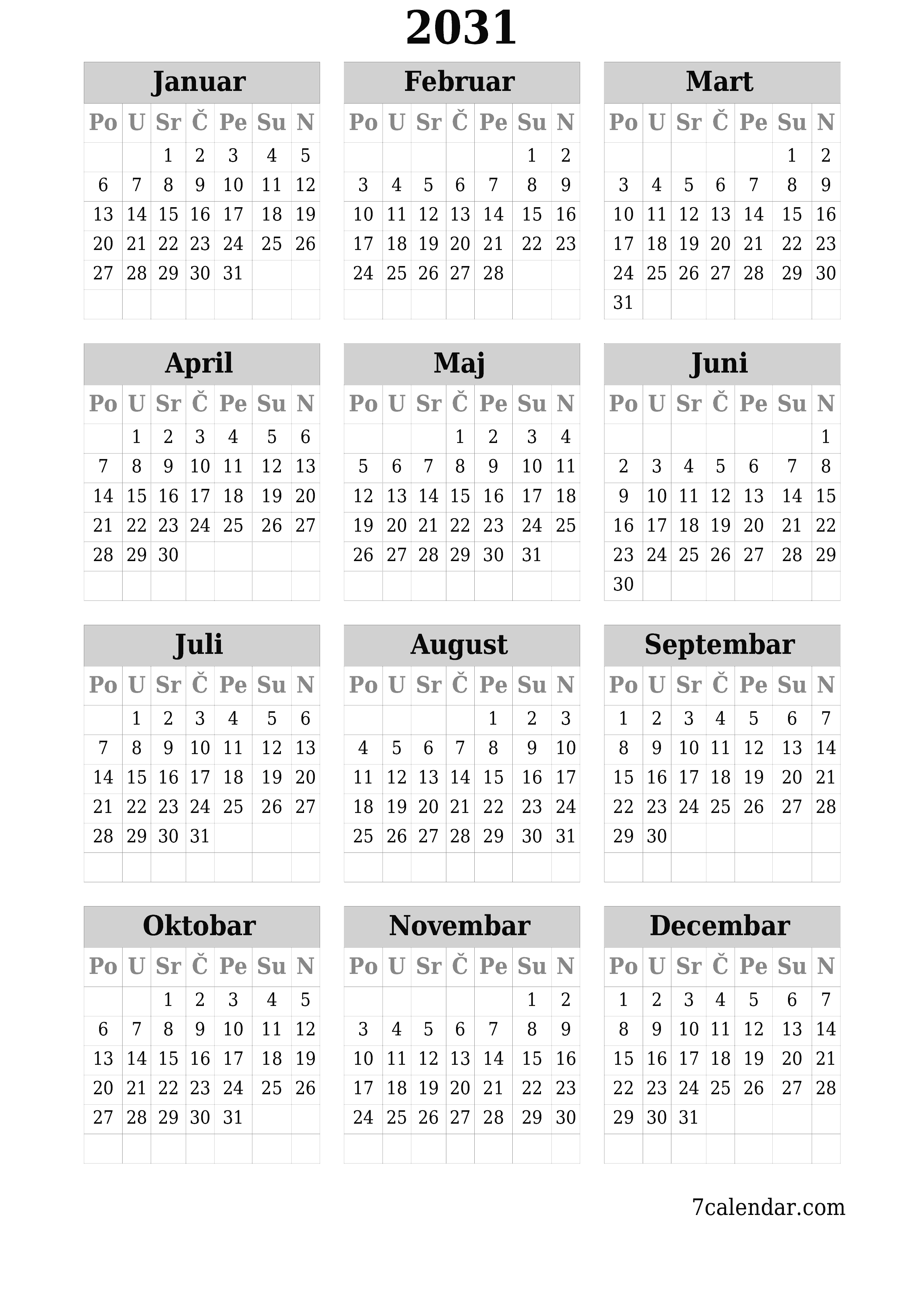  za štampanje zidni šablon a besplatni vertikalno Godišnje kalendar Juni (Jun) 2031