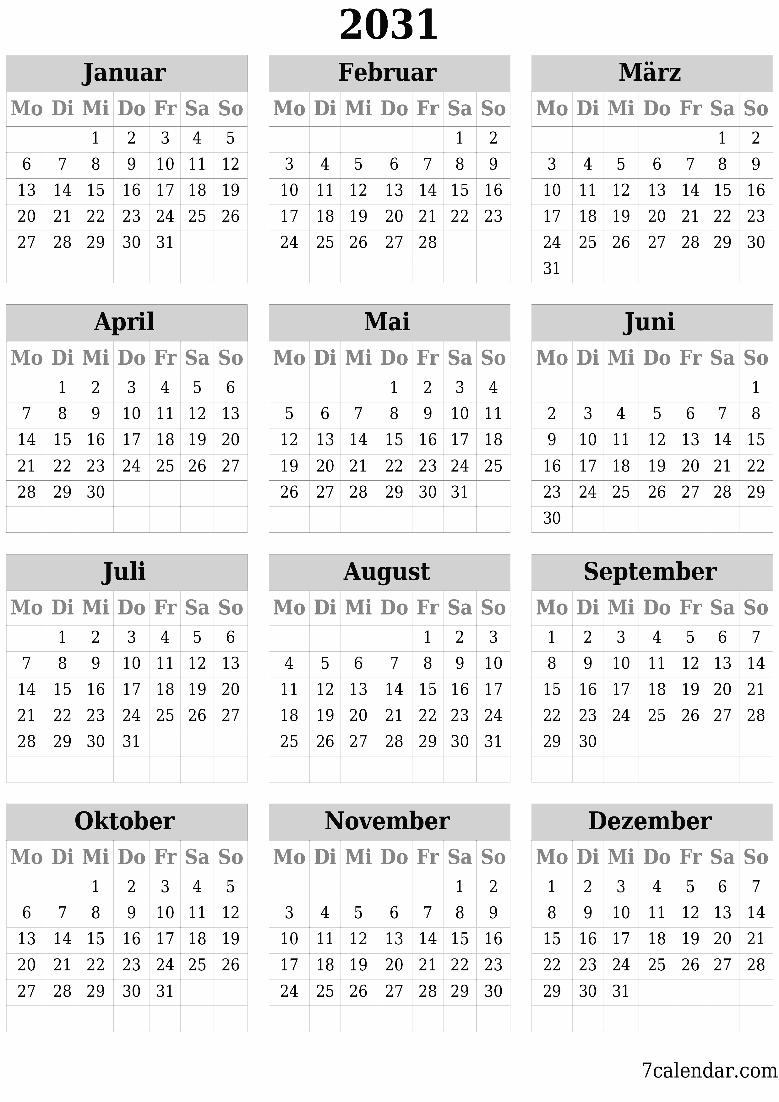  zum Ausdrucken Wandkalender vorlage kostenloser vertikal Jahreskalender Kalender Juni (Jun) 2031