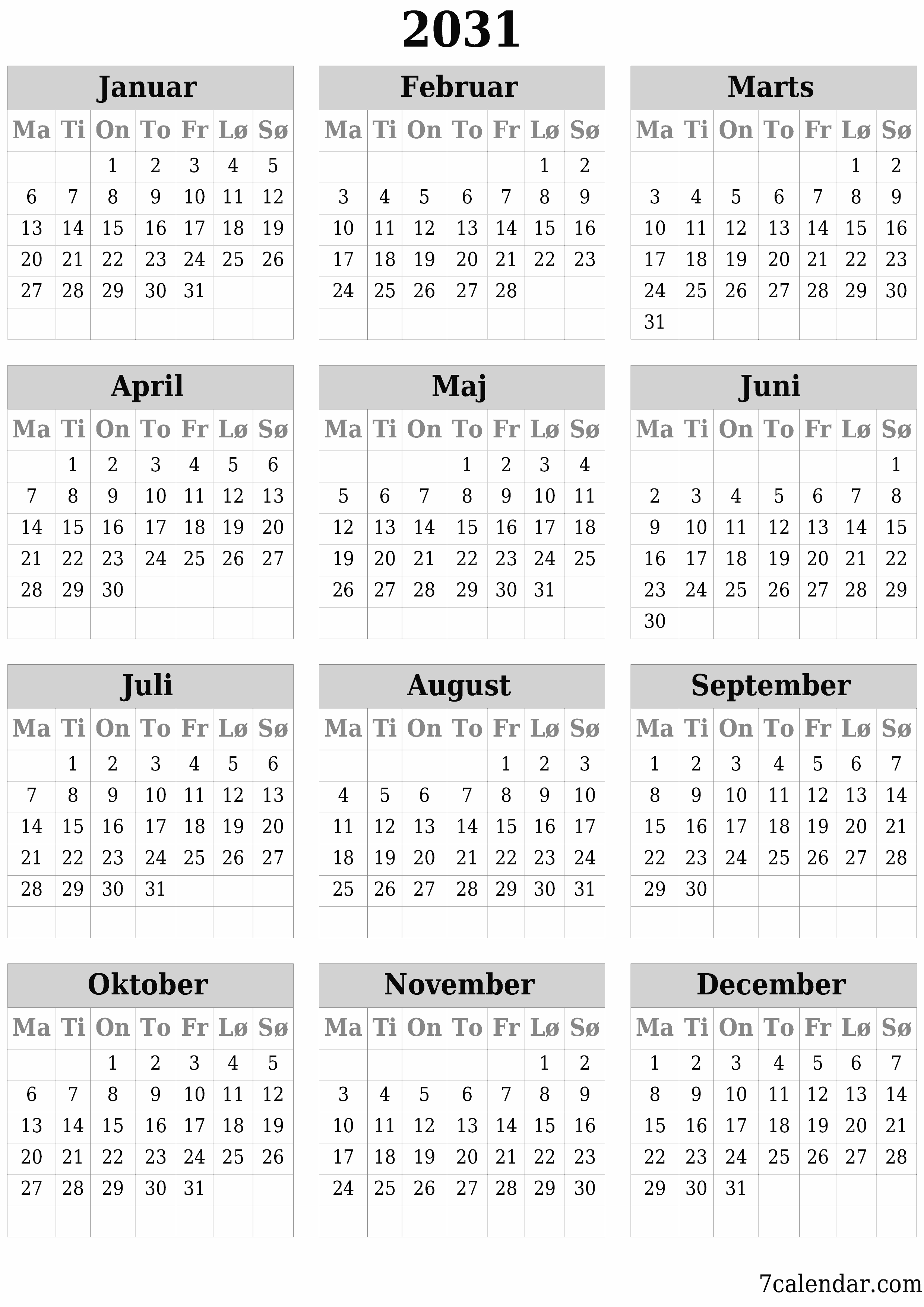 Tom årlig planlægningskalender for året 2031 med noter, gem og udskriv til PDF PNG Danish