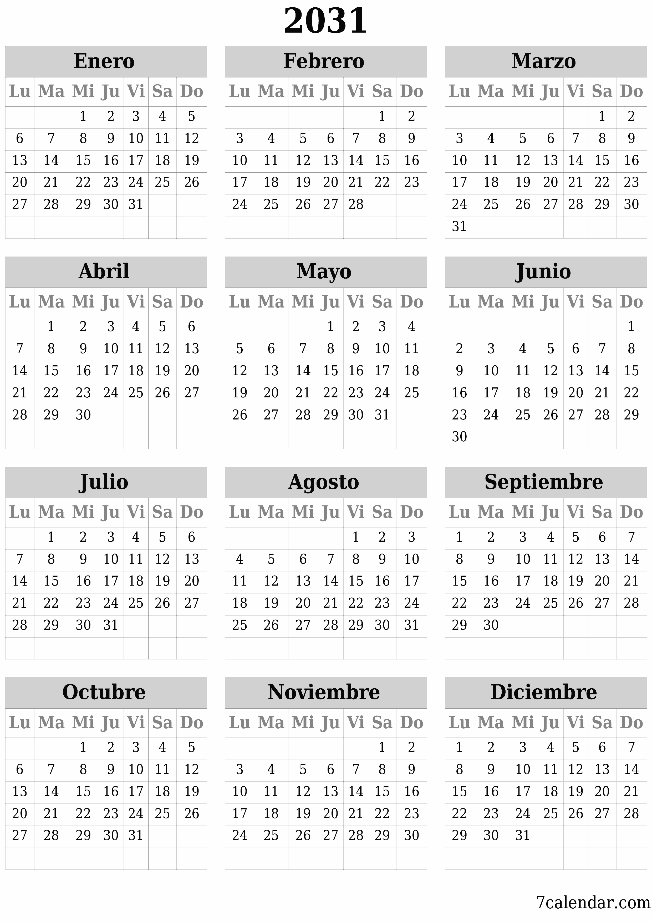 Calendario planificador anual vacío para el año 2031 con notas, guardar e imprimir en PDF PNG Spanish