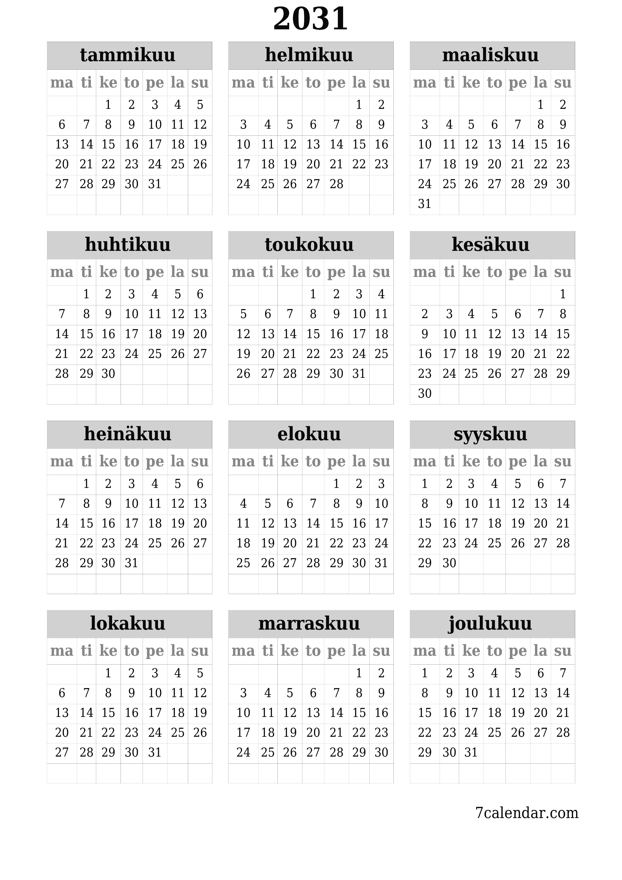 Tyhjä vuosisuunnittelukalenteri vuodelle 2031 muistiinpanoilla, tallenna ja tulosta PDF-muotoon PNG Finnish