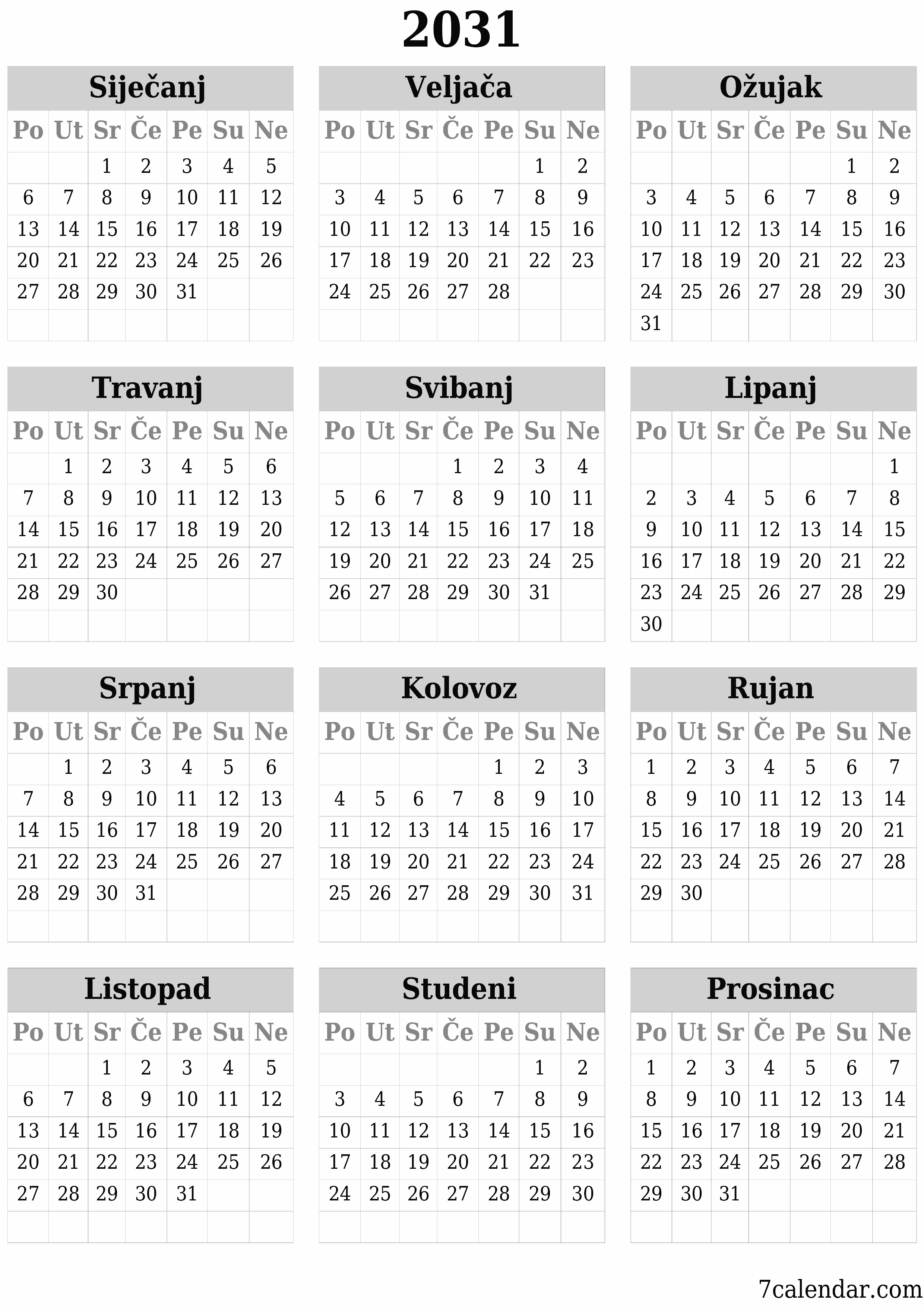  za ispis zidni predložak a besplatni okomito Godišnje kalendar Travanj (Tra) 2031