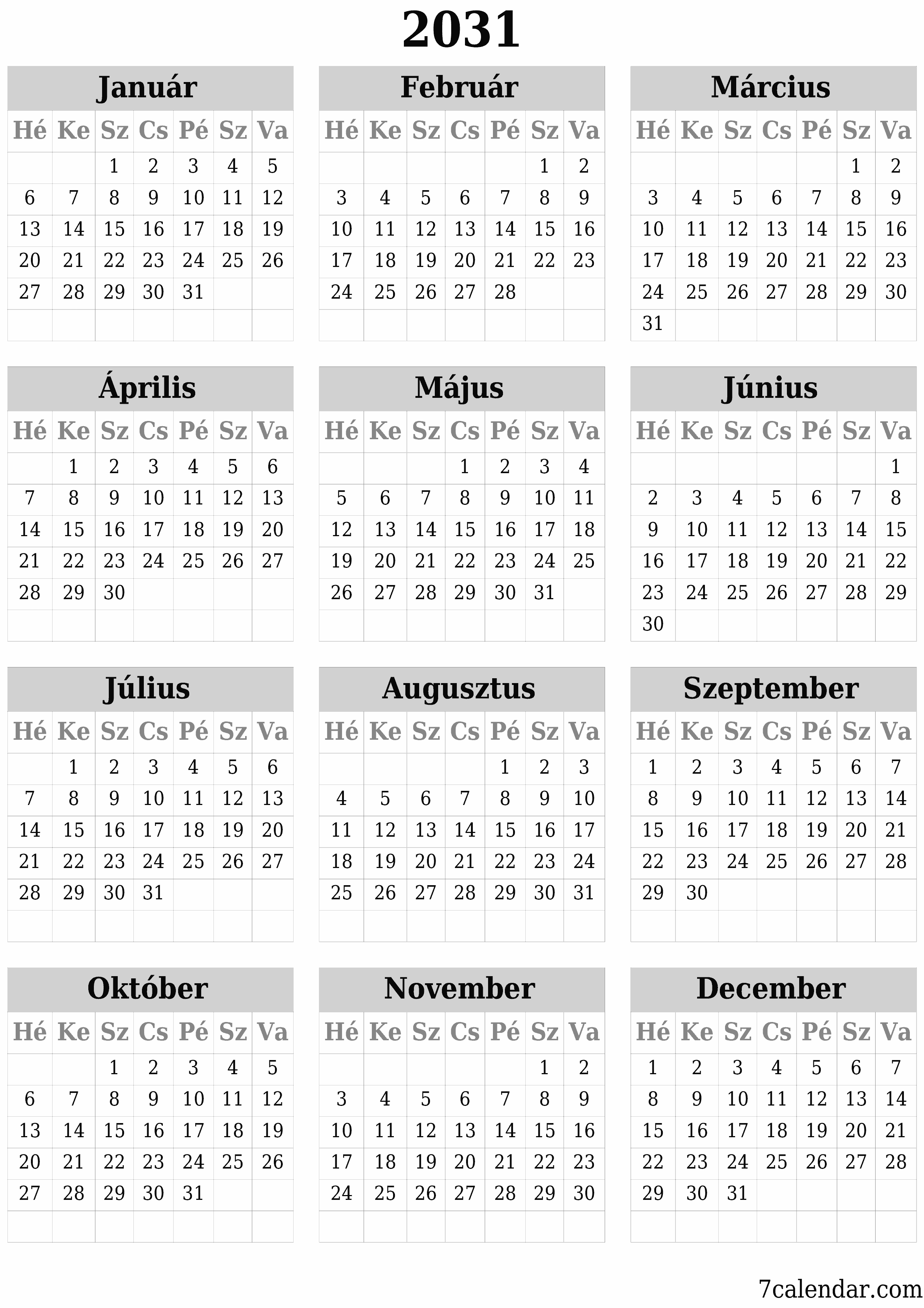 Üres éves tervezői naptár az évre 2031 jegyzetekkel, mentés és nyomtatás PDF-be PNG Hungarian