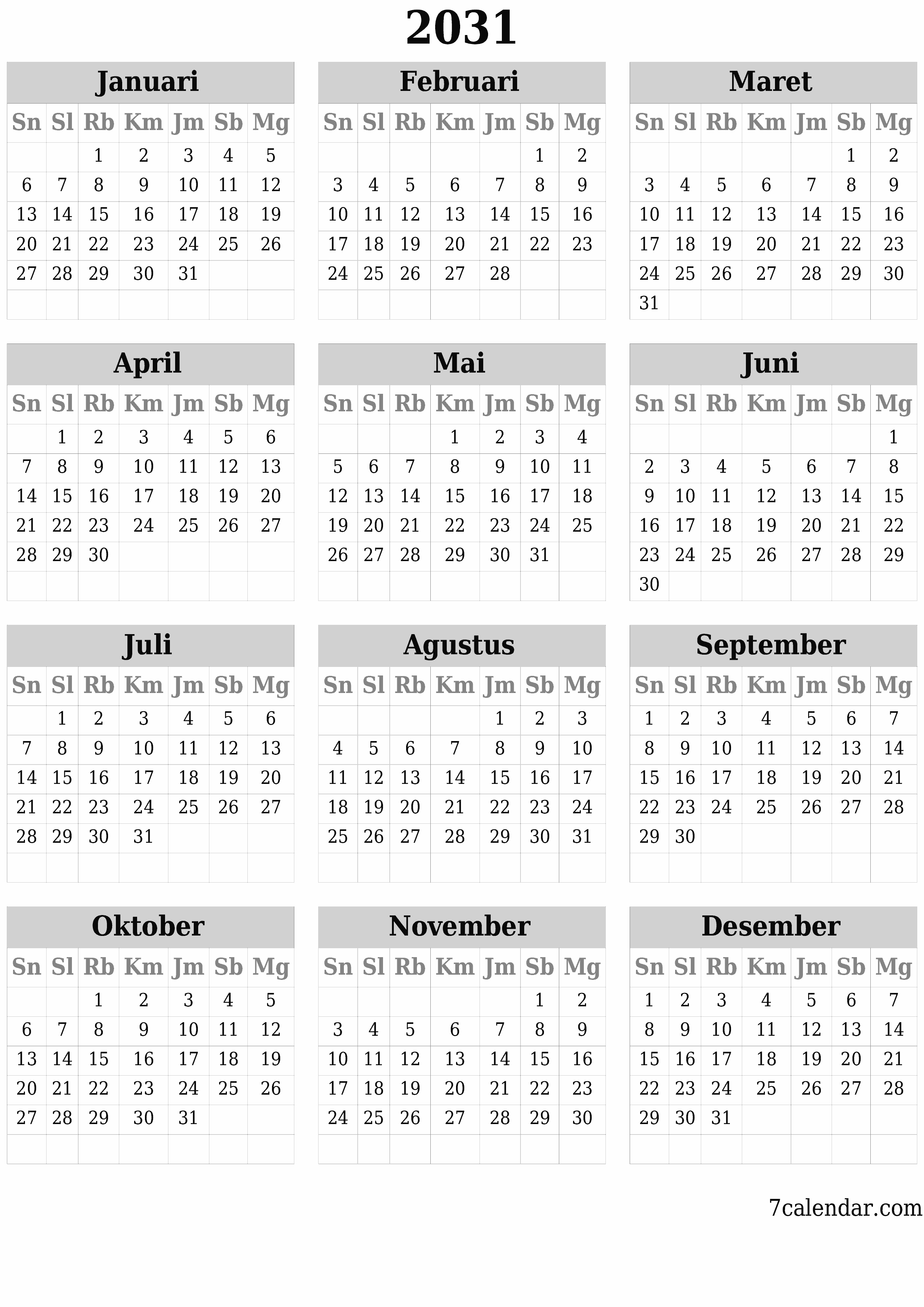 Kosongkan kalender perencana tahunan untuk tahun ini 2031 dengan catatan, simpan dan cetak ke PDF PNG Indonesian